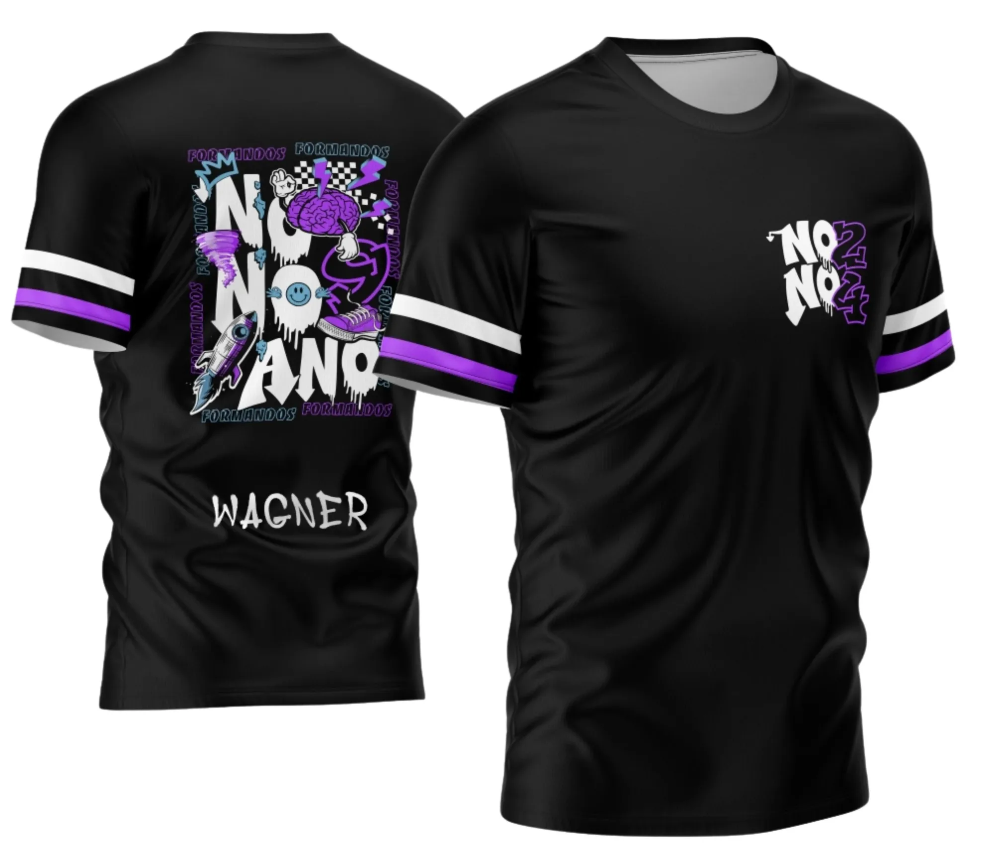 Camiseta unissex preta com logo no peito e estampa grande nas costas inspirada no tema Nono Ano 2026 Foguete, ideal para estudantes e eventos escolares.