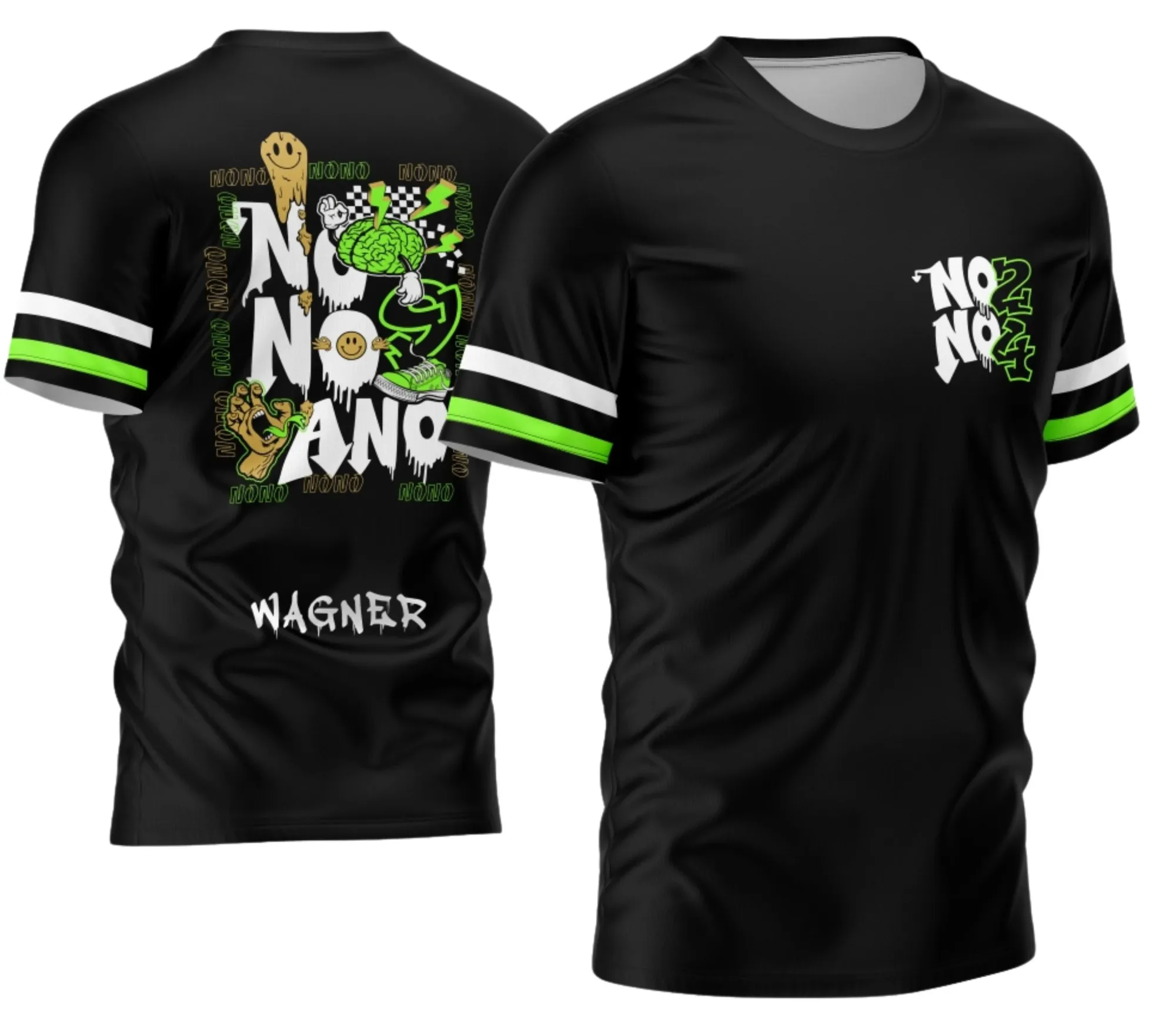 Foto de camiseta unissex na cor preta com logo no peito e estampa grande nas costas com tema Camisa Nono Ano 2026 Derretendo Cor Verde.