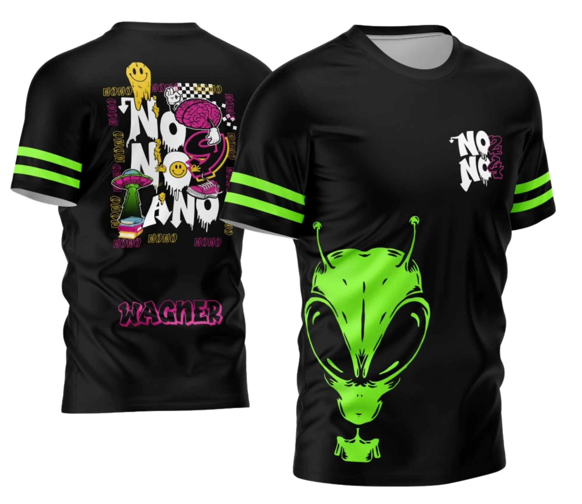 Camiseta unissex preta com logo no peito e estampa grande nas costas do tema Nono Ano Alien 2026 Modelo 04, perfeita para fãs da série e estilo moderno.