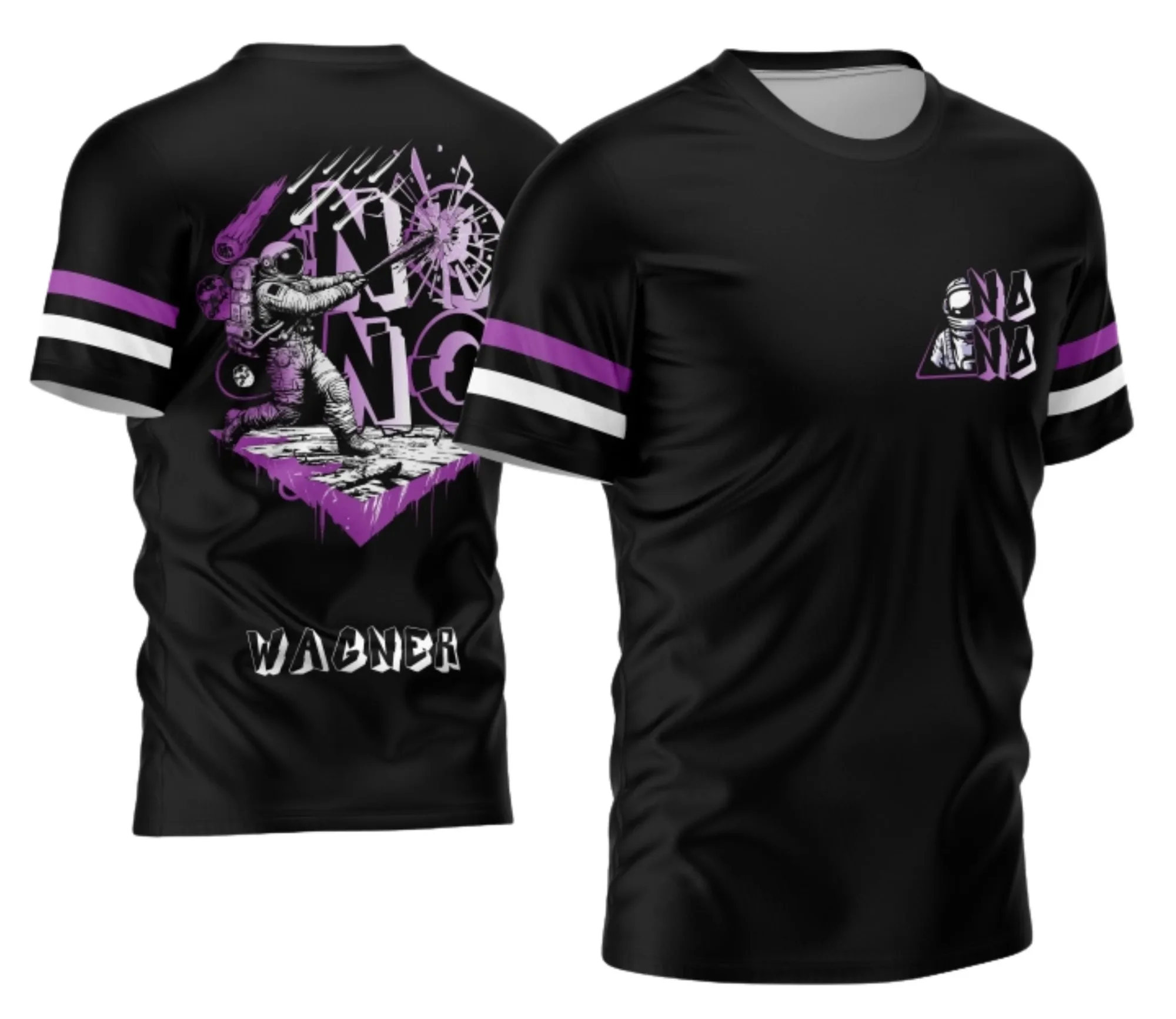 Camiseta unissex preta com logo no peito e estampa grande nas costas mostrando tema astronauta para o nono ano 2026, perfeita para quem curte educação e aventura espacial.