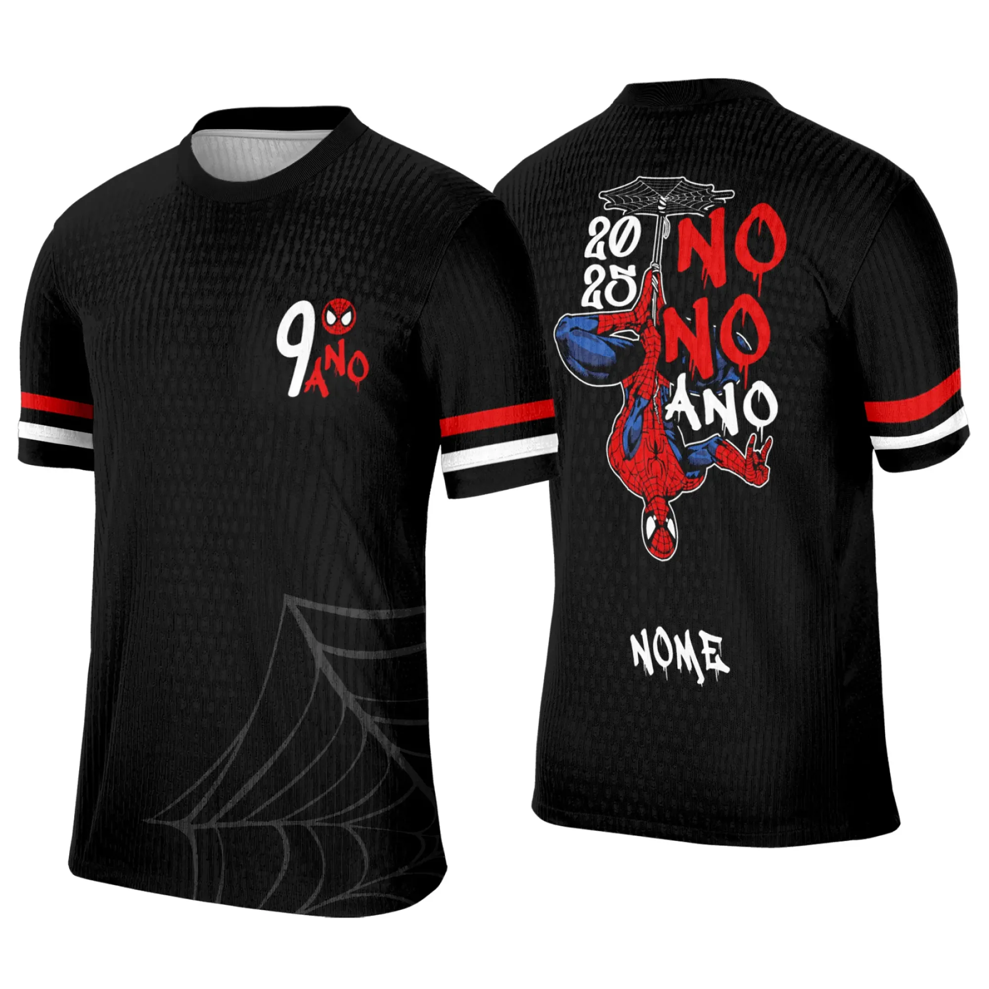Camiseta unissex preta com logo no peito e estampa grande nas costas do Homem Aranha, modelo Nono Ano Mod 3, perfeita para fãs e uso casual.