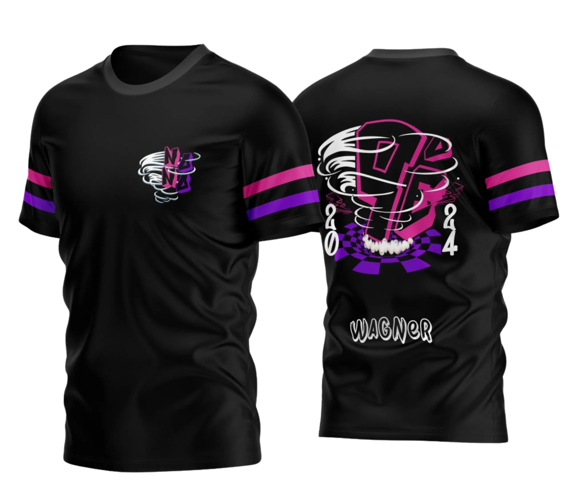 Camiseta unissex preta com logo no peito e estampa grande nas costas com tema do Nono Ano Furacão 2026, estilo moderno e despojado, perfeita para estudantes comemorarem o último ano escolar.