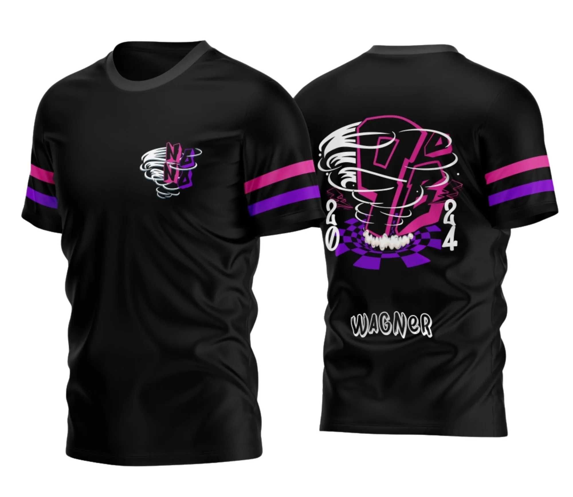 Camiseta unissex preta com logo no peito e estampa grande nas costas do Nono Ano Furacão 2026 Modelo B, design vibrante, ideal para estudantes comemorarem juntos.