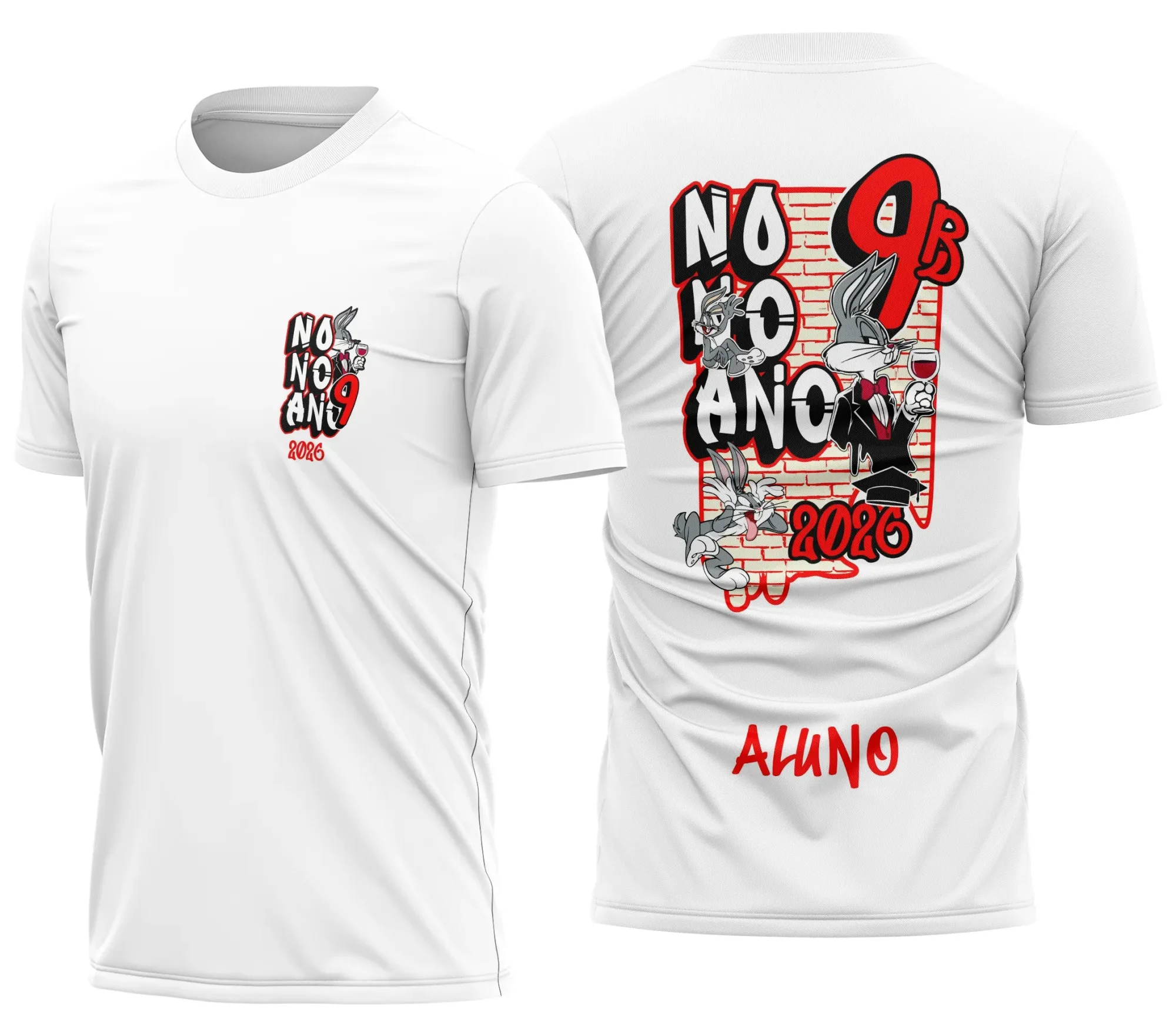 Camiseta unissex branca com logo no peito e estampa grande nas costas mostrando tema Nono Ano Perna Longa Escolar com estilo jovem e moderno.
