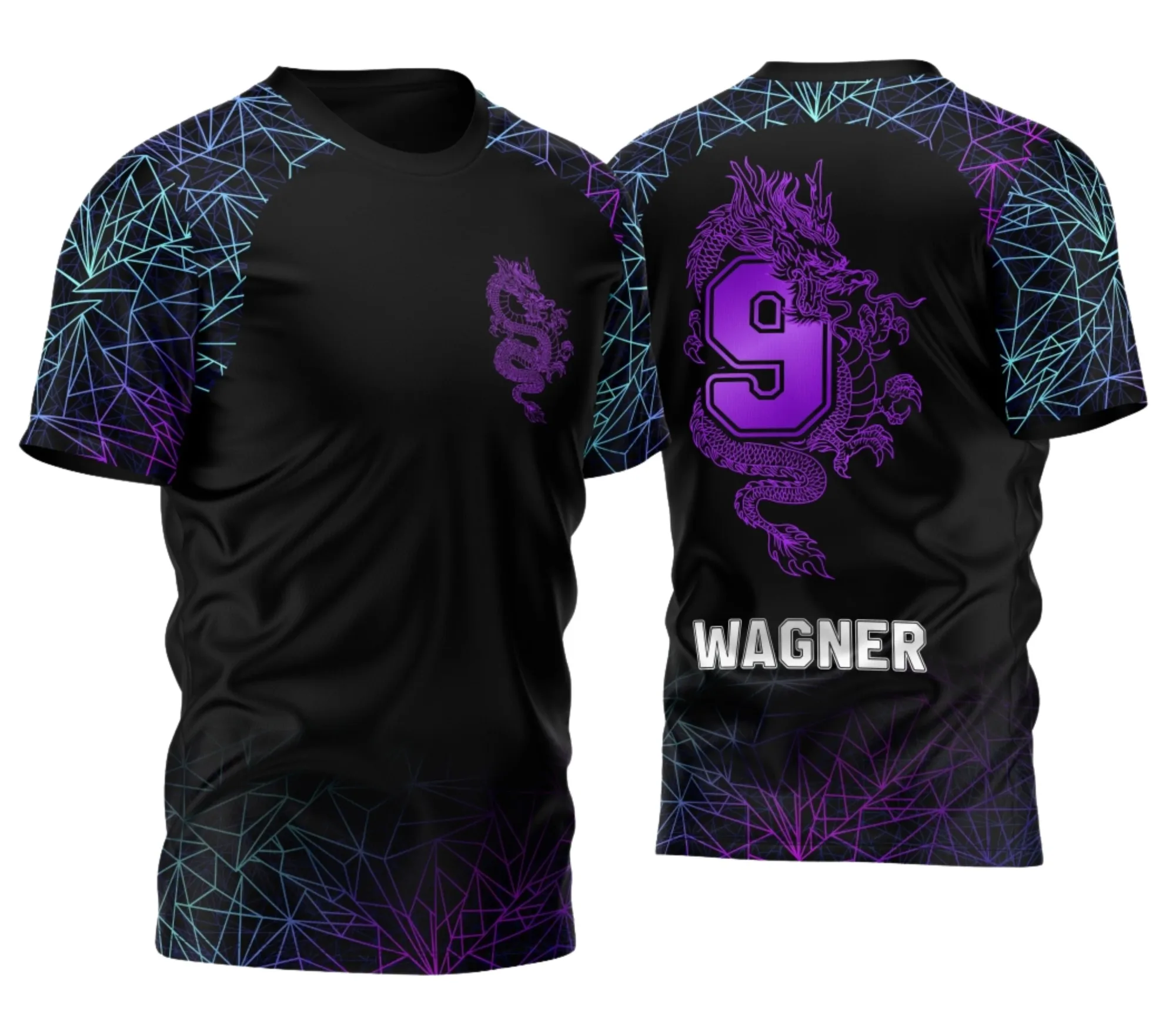 Camiseta unissex preta com logo no peito e estampa grande nas costas com dragão estilizado tema Nono Ano 2026, combinação perfeita para estudantes e fãs do modelo.