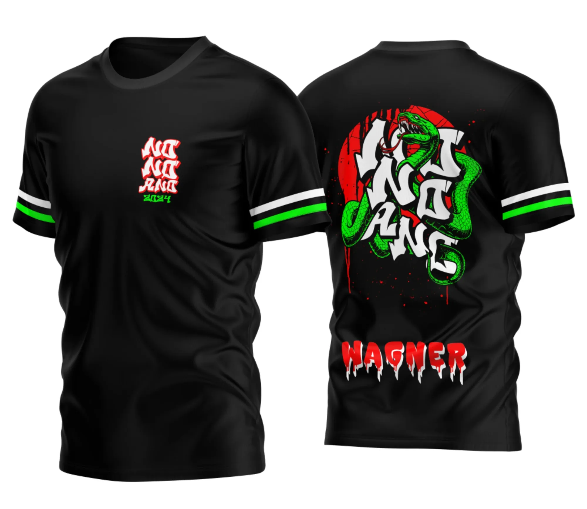 Camiseta unissex preta com logo no peito e estampa grande nas costas de Cobra Verde para Nono Ano 2026, design moderno e vibrante, ideal para uso escolar e eventos comemorativos.