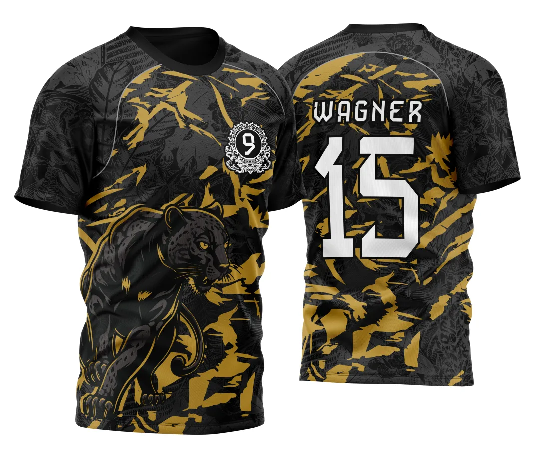 Camiseta unissex preta com logo no peito e estampa grande nas costas do Pantera Nono Ano 2026 em dourado, design moderno e chamativo para eventos escolares e turmas.