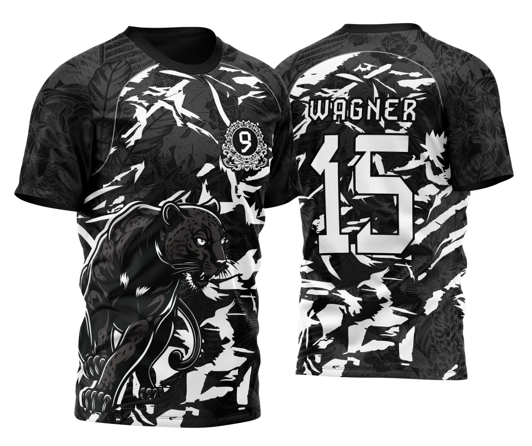 Camiseta unissex preta com logo no peito e estampa grande nas costas, tema InterClasse Pantera Nono Ano 2026, visual moderno e marcante para eventos escolares.