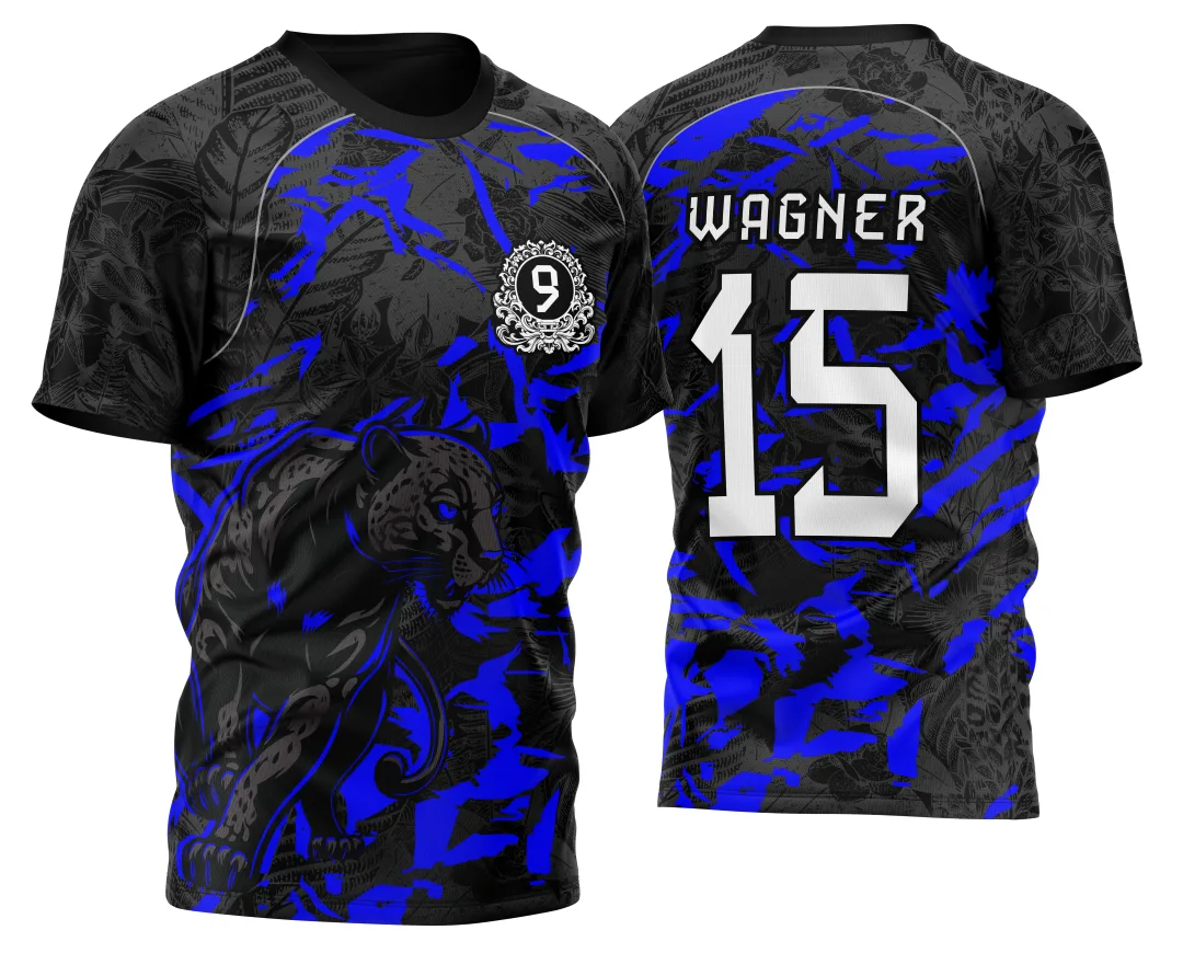 Camiseta unissex azul com logo no peito e estampa grande nas costas representando Pantera para InterClasse Nono Ano 2026, perfeita para uso escolar e eventos temáticos.