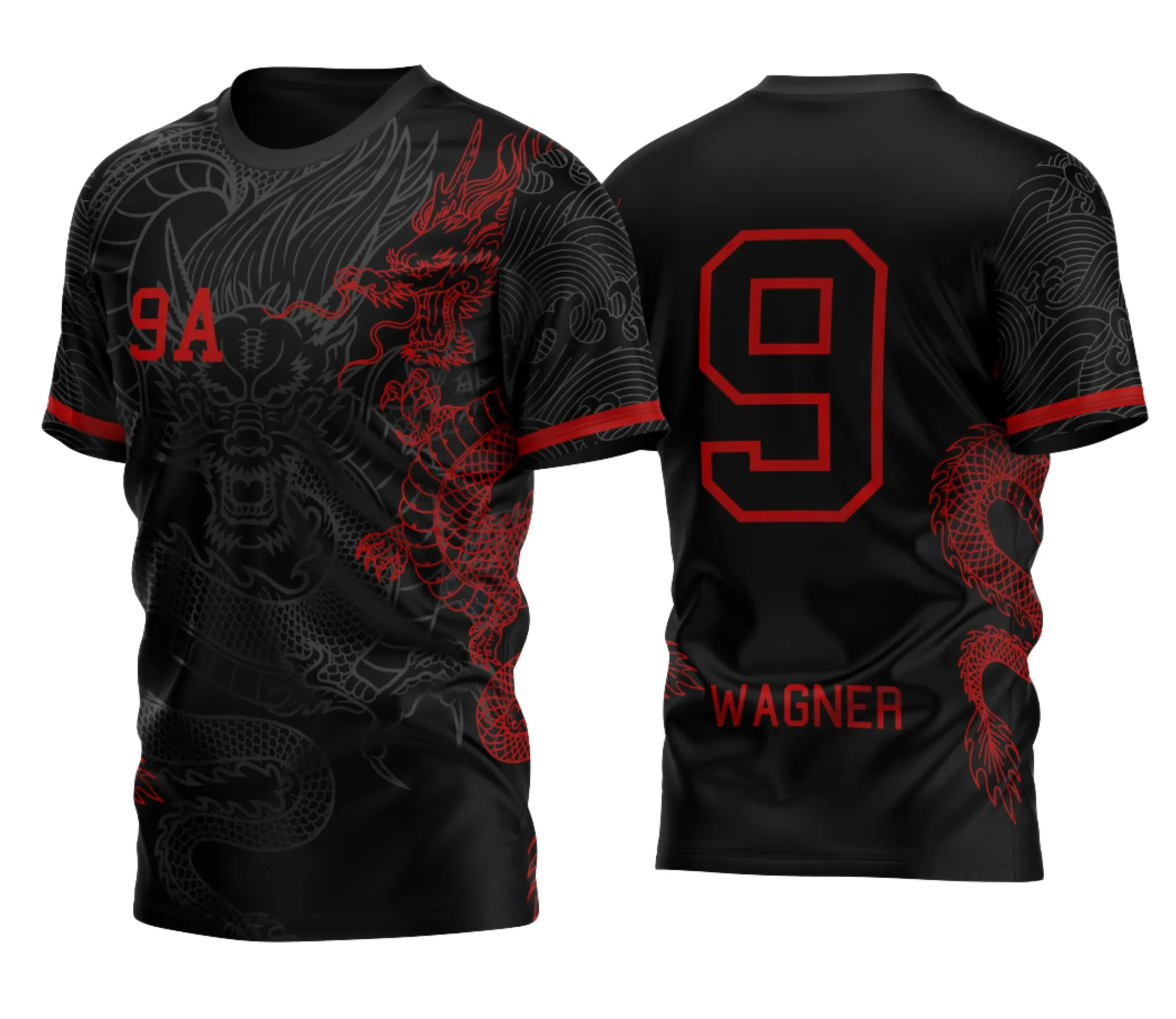 Camiseta unissex preta com logo no peito e estampa grande nas costas do Nono Ano Dragão Chinês Vermelho, design vibrante e detalhado para fãs da cultura oriental.