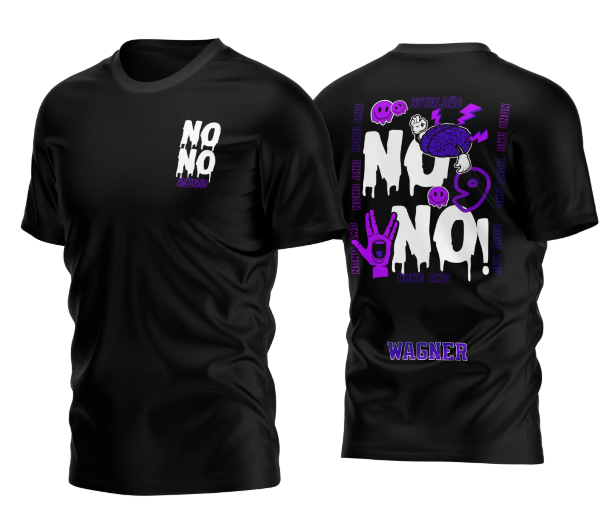 Camiseta unissex preta com logo no peito e estampa grande nas costas mostrando tema da Camisa Nono Ano Roxa e Lilas 2026, design vibrante em tons roxo e lilás.