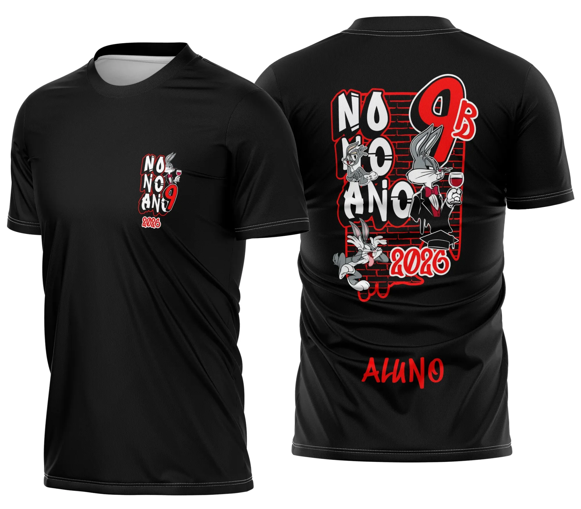 Camiseta preta unissex com logo no peito e estampa grande nas costas mostrando design do Nono Ano Perna Longa Escolar Modelo 3, perfeita para quem cursa o nono ano ou procura estilo escolar.