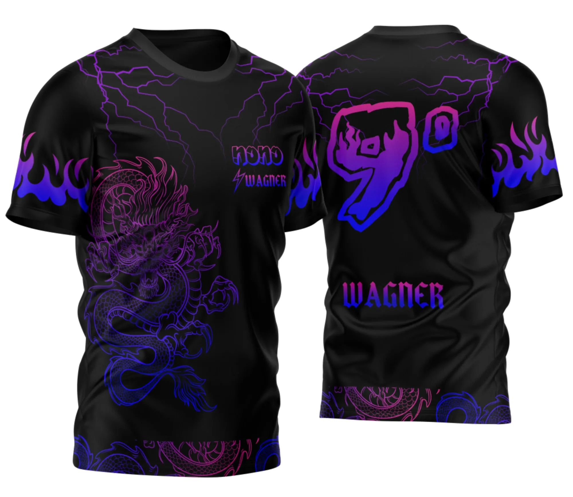 Camiseta unissex preta com logo no peito e estampa grande nas costas mostrando dragão japonês entre raios em degrade, perfeita para fãs do estilo 2026.