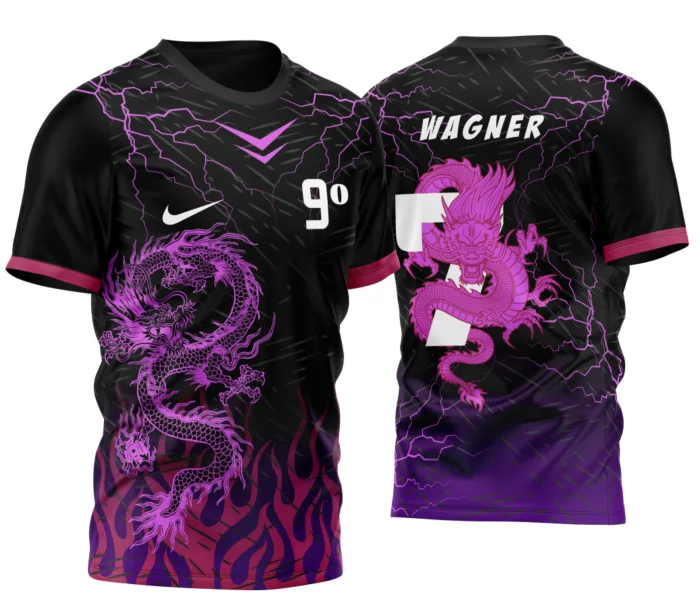 Arte Camisa Dragão Fogo e Raios Roxo para Formandos do Nono Ano 2026