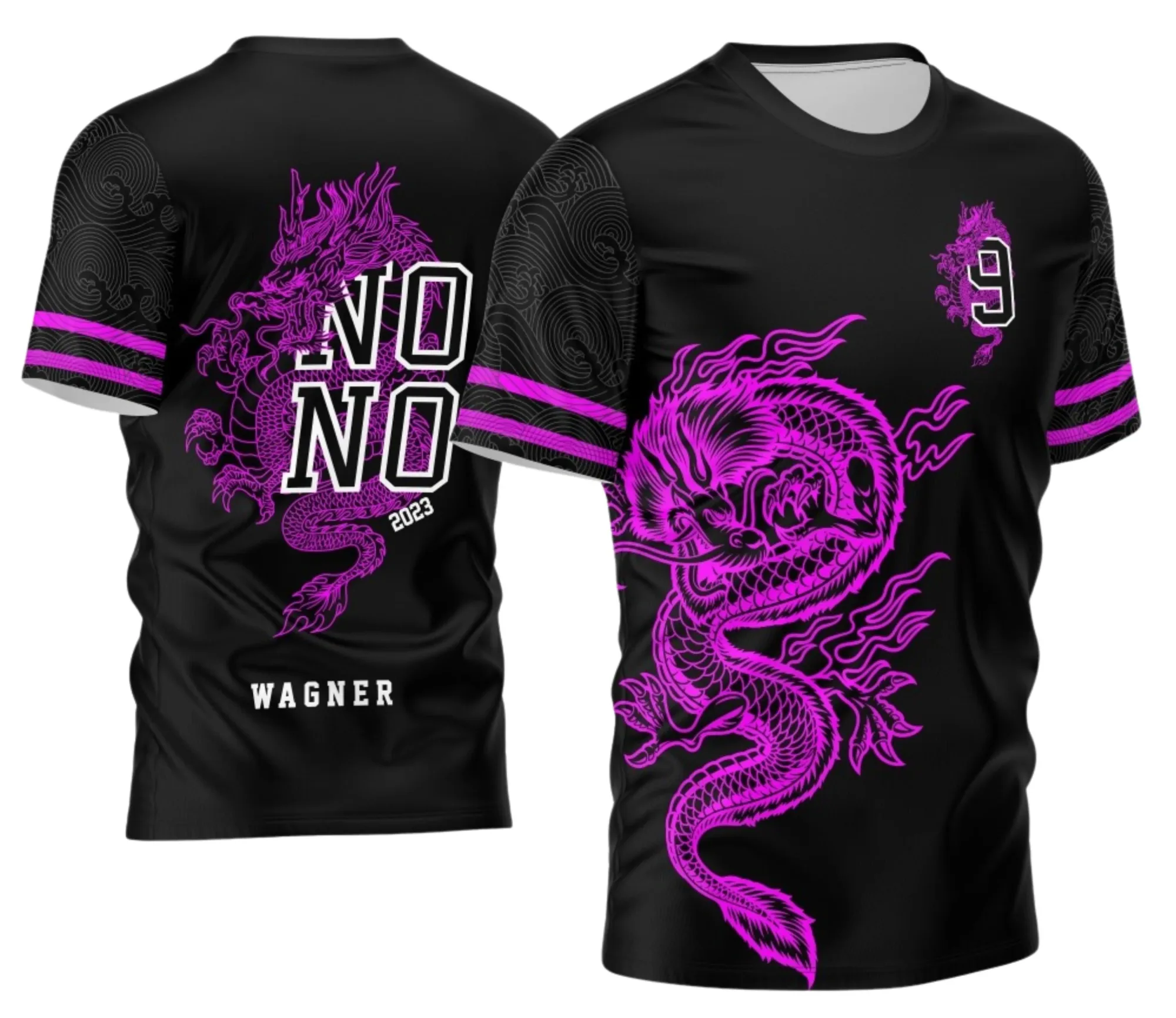 Camiseta unissex preta com logo no peito e estampa grande nas costas mostrando dragão roxo, tema Nono Ano Dragão Roxo 2026, design vibrante e moderno.