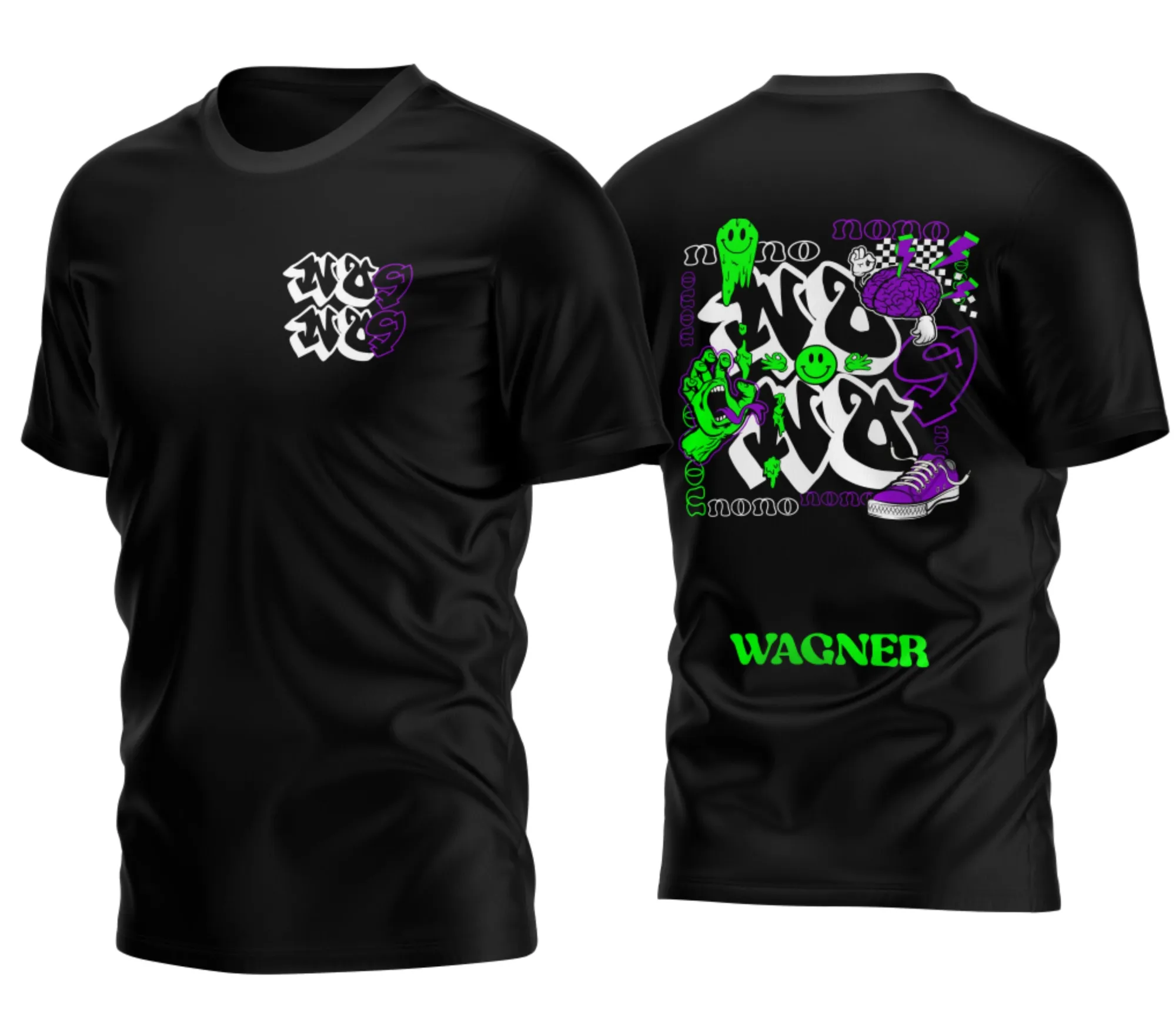 Camiseta unissex preta com logo no peito e estampa grande nas costas com tema Nono Ano Graffiti 2026, mostrando design moderno e urbano perfeito para estudantes.