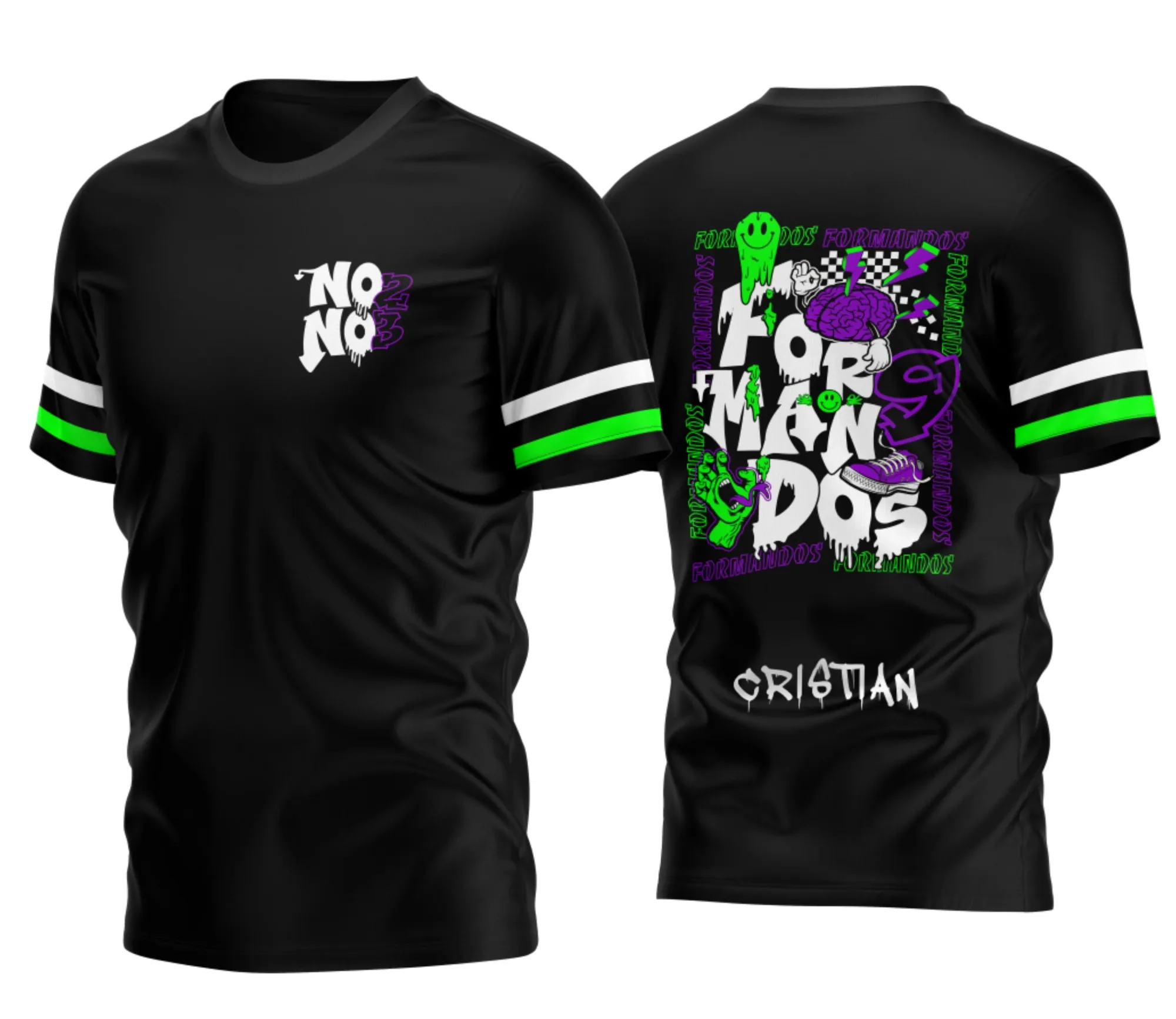 Camiseta unissex verde com logo no peito e estampa grande nas costas comemorando formandos do nono ano 2026, elegante e jovem, perfeita para o evento de formatura escolar.