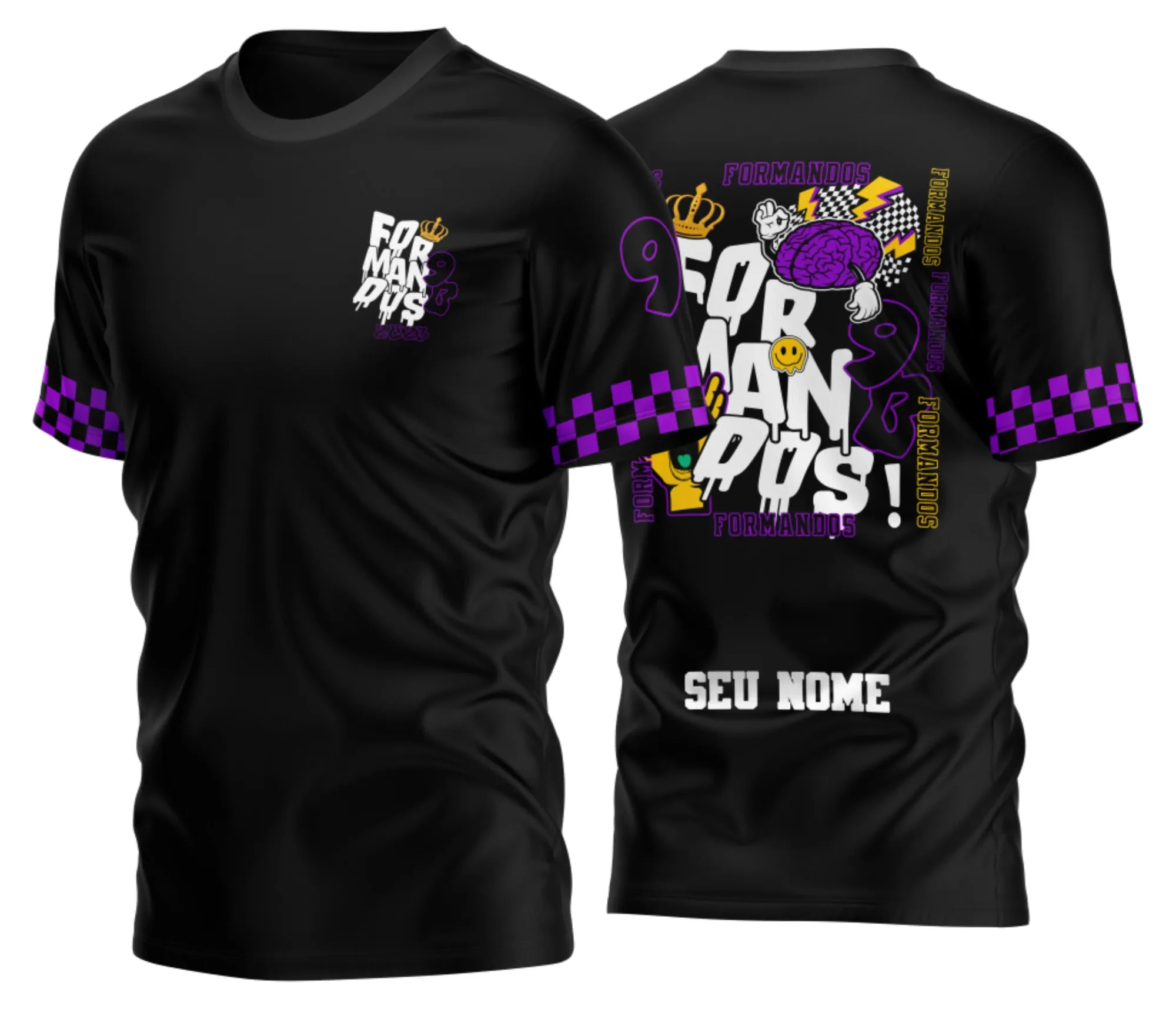 Camiseta unissex branca com logo no peito e estampa grande nas costas com tema Formandos Nono Ano 2026, ideal para comemorar a conquista escolar com estilo e conforto.