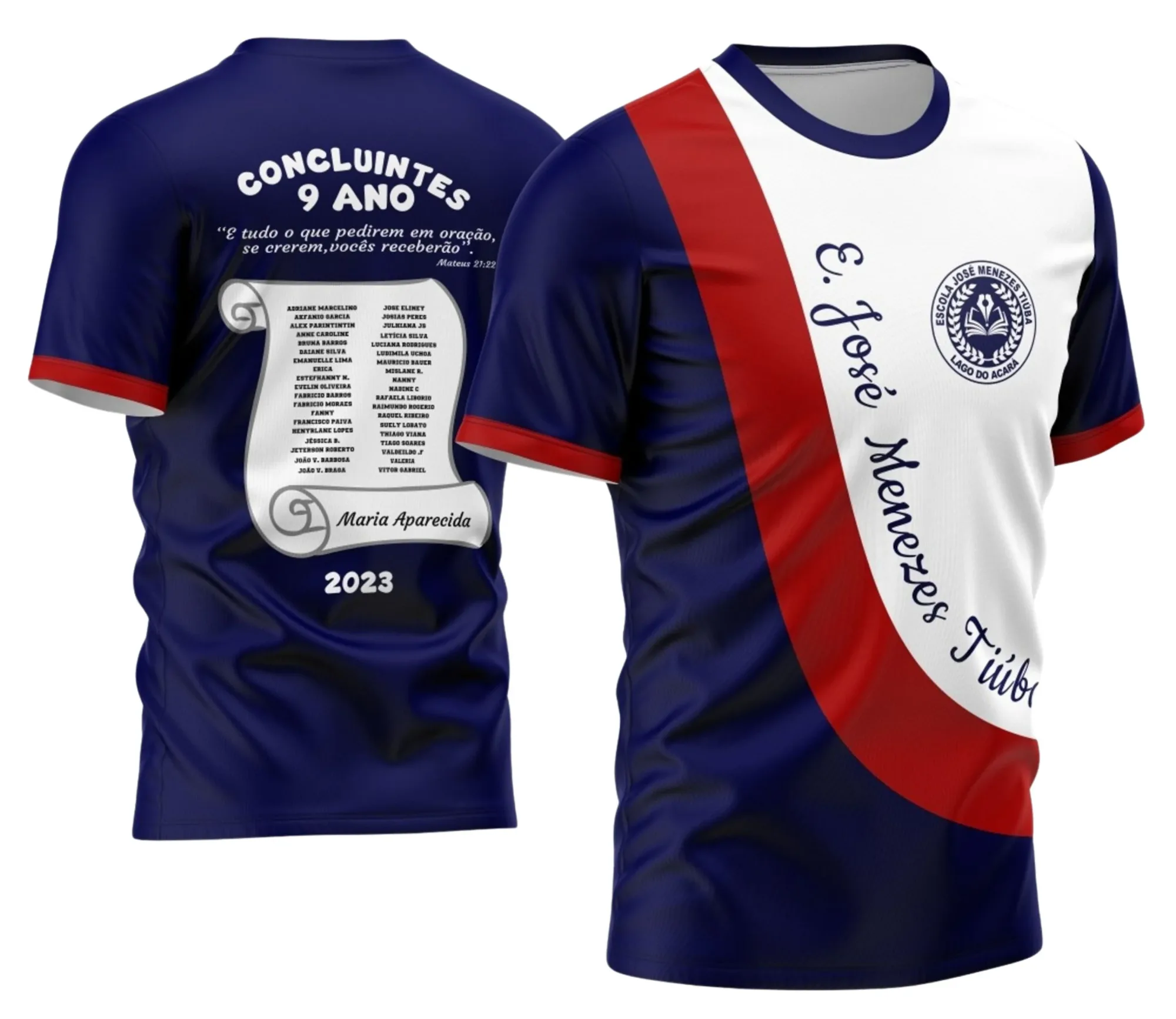 Camiseta unissex preta com logo no peito e estampa grande nas costas, tema Formando Nono Ano Pergaminho, visual clássico e elegante para comemoração escolar.