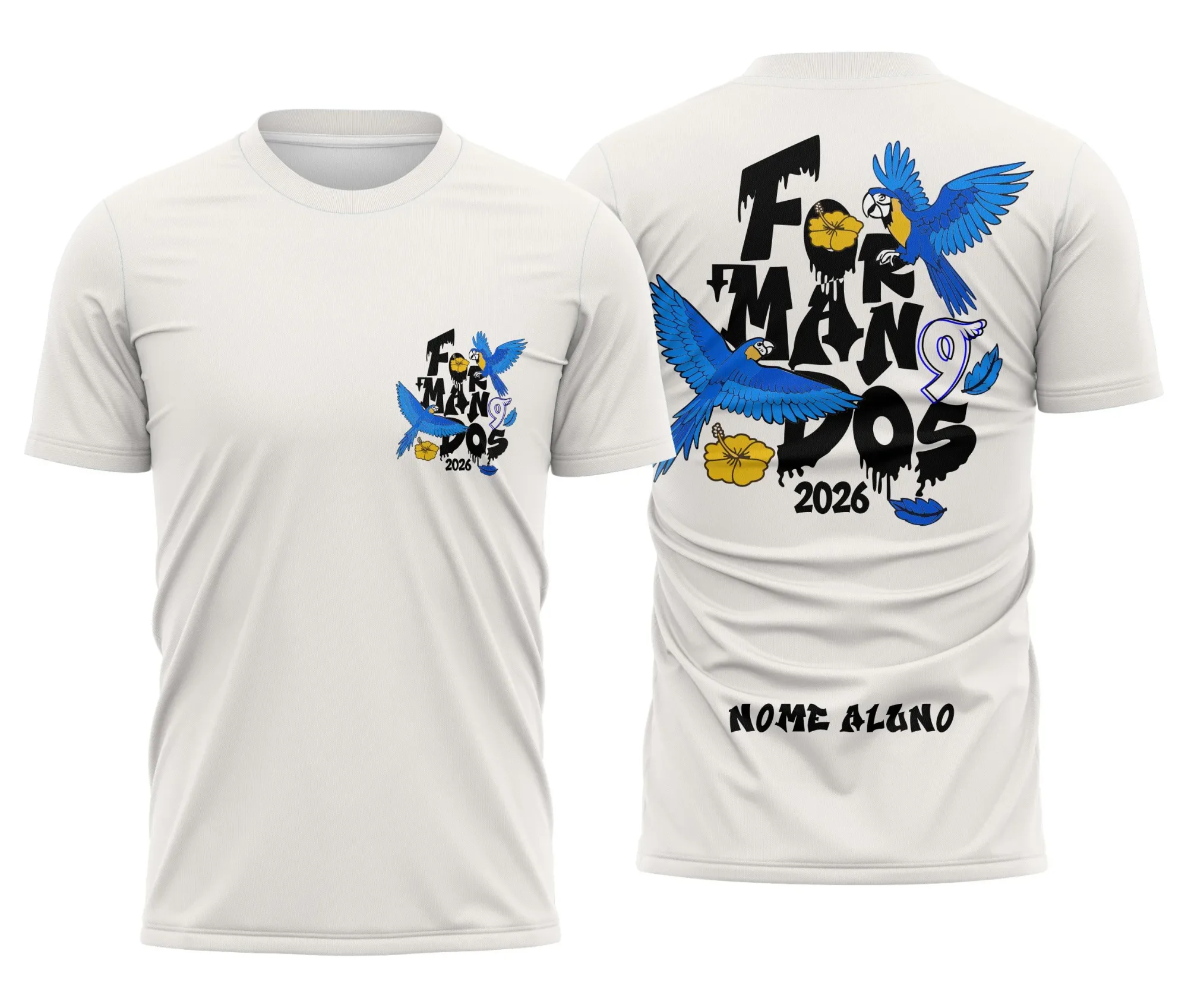 Camiseta unissex branca com logo no peito e estampa grande nas costas, tema Formandos Arara Azul, modelo confortável e moderno para celebrações e eventos.