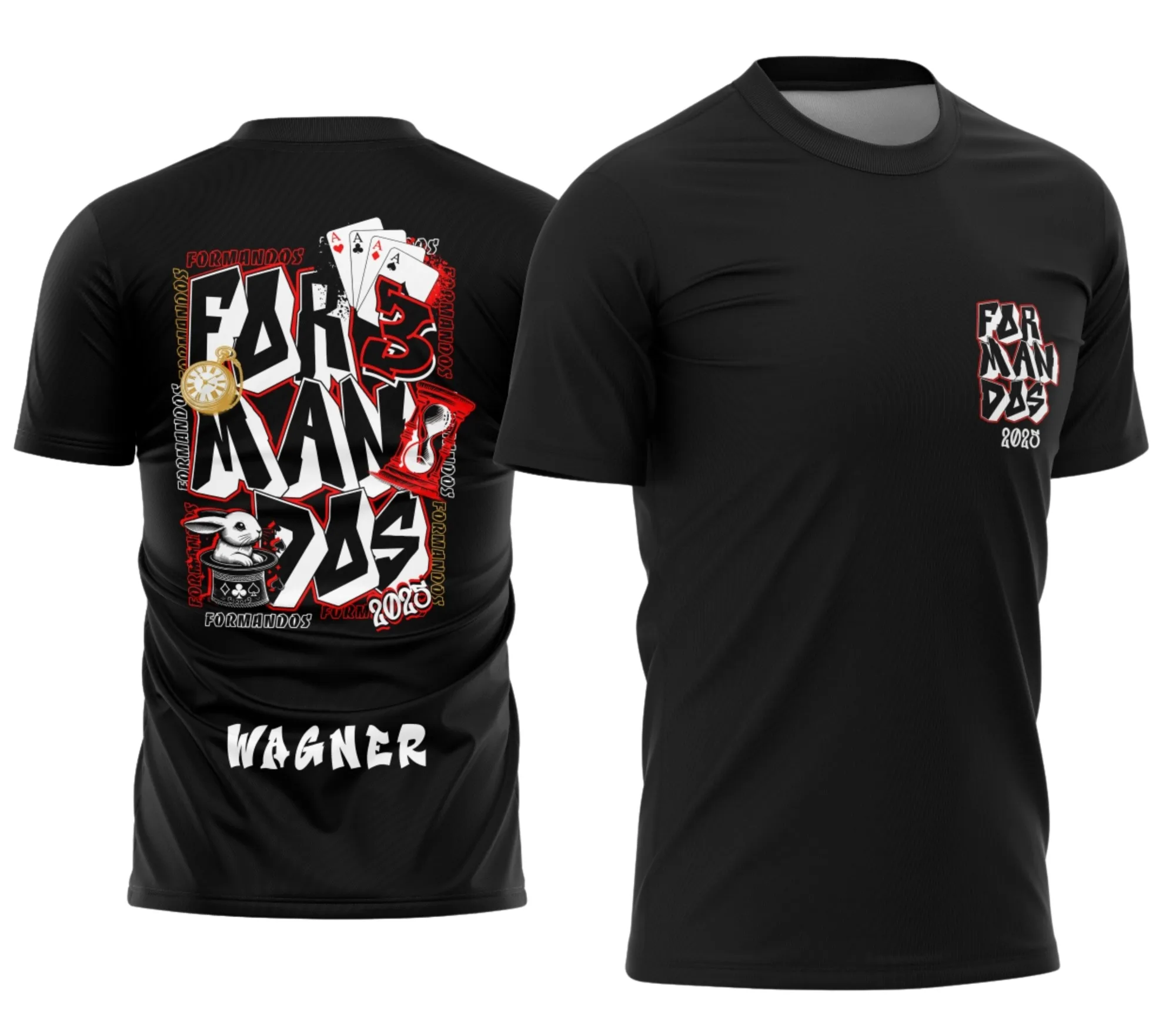 Camiseta unissex preta com logo no peito e estampa grande nas costas temática de formandos do terceirão com símbolos de naipes e coelho, ideal para comemorar a formatura com estilo único.