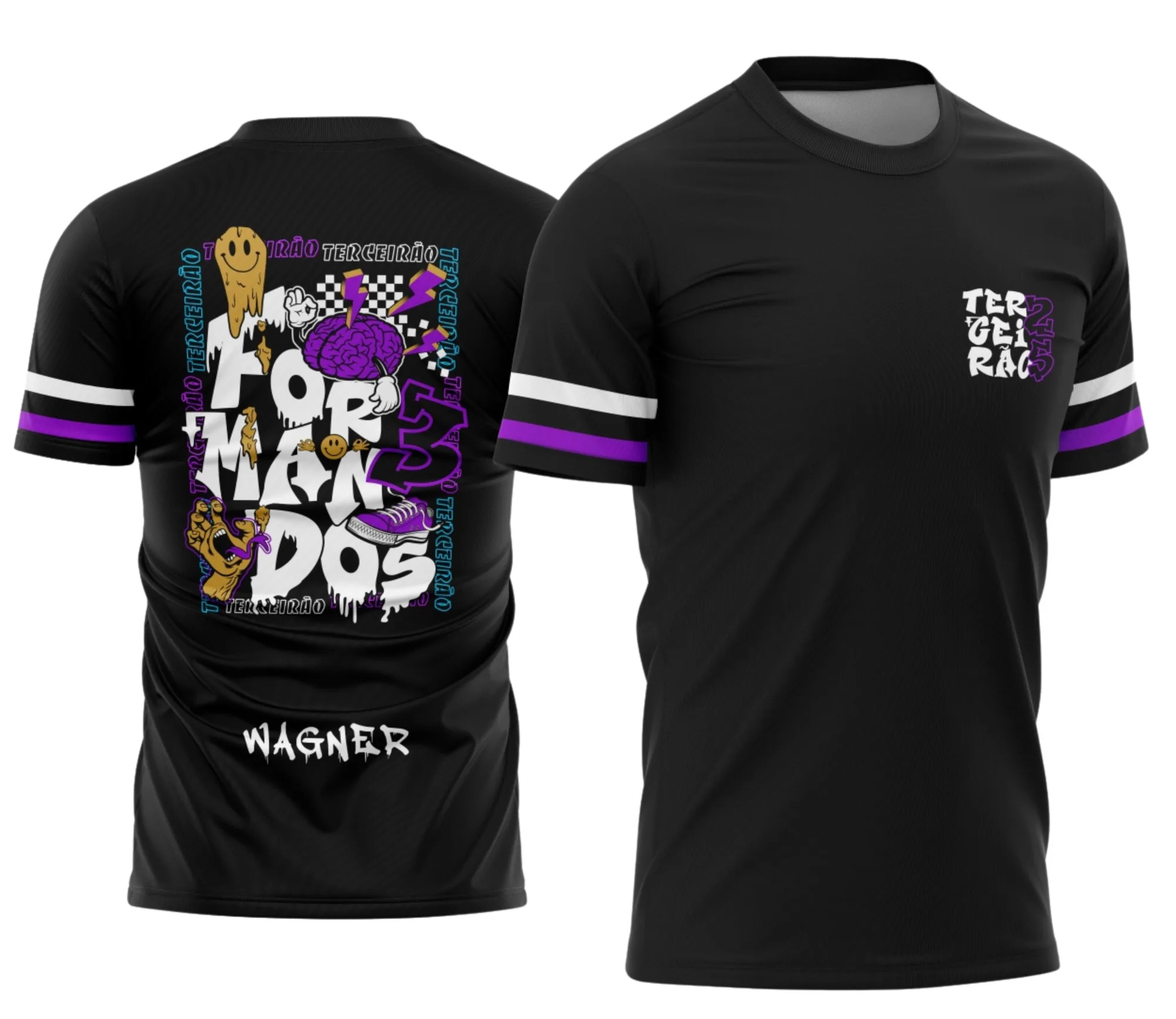 Camiseta preta unissex com logo no peito e estampa grande nas costas, temática Terceirão Formandos Graffite, perfeita para comemorar a conclusão do ensino médio.