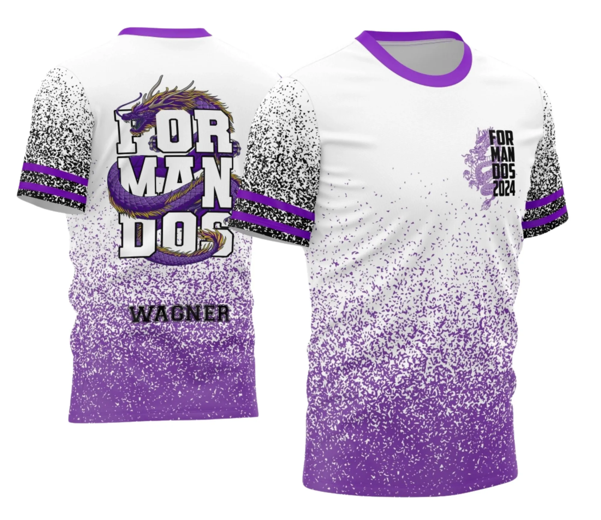 Camiseta unissex preta com logo no peito e estampa grande nas costas com tema Formandos Dragão Roxo 2026, destacando design marcante e estilo moderno ideal para formandos.
