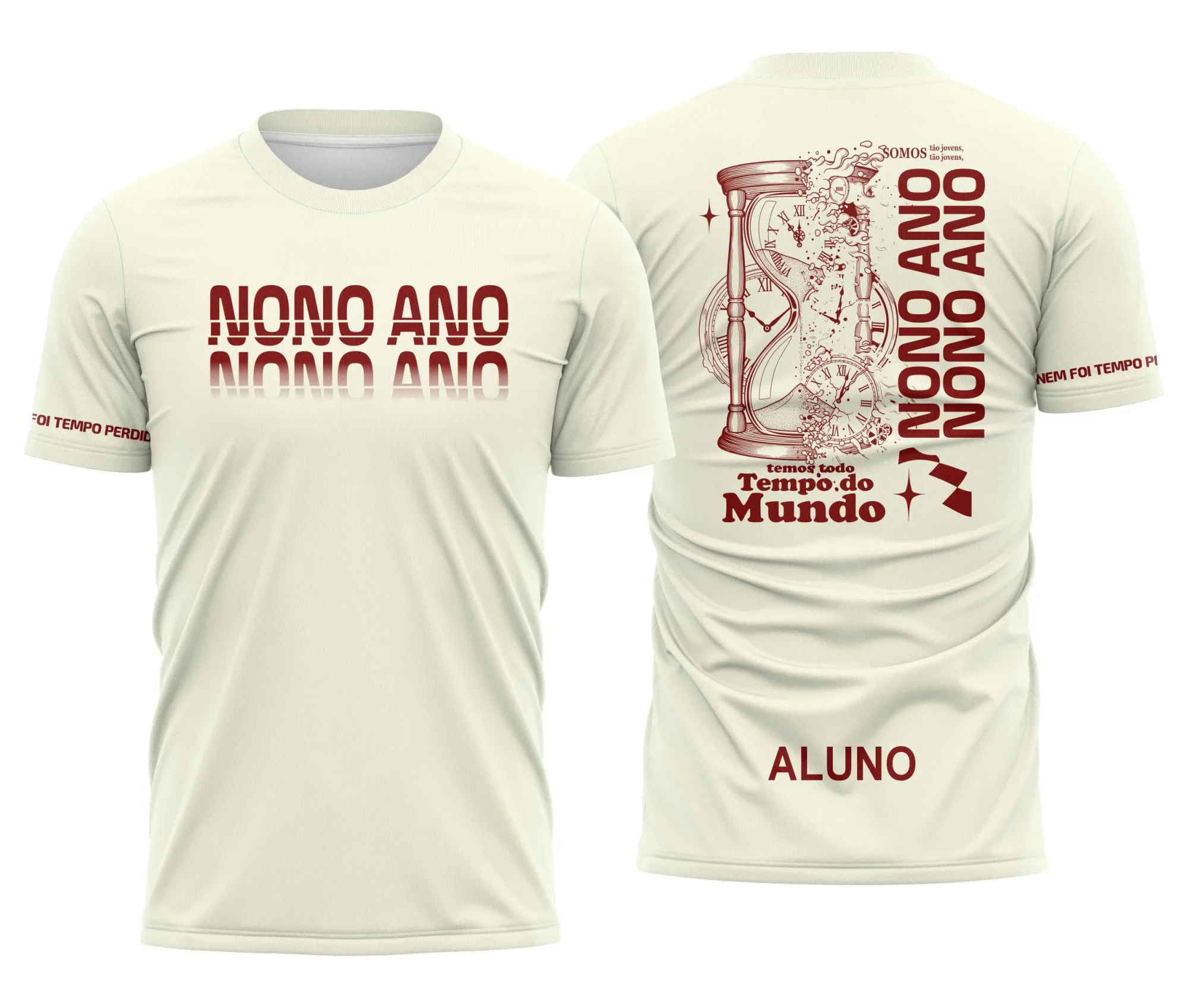 Camiseta unissex bege com logo no peito e estampa grande nas costas retratando o tema Nono Ano Tempo Perdido, ideal para quem busca estilo e personalidade em peça confortável.