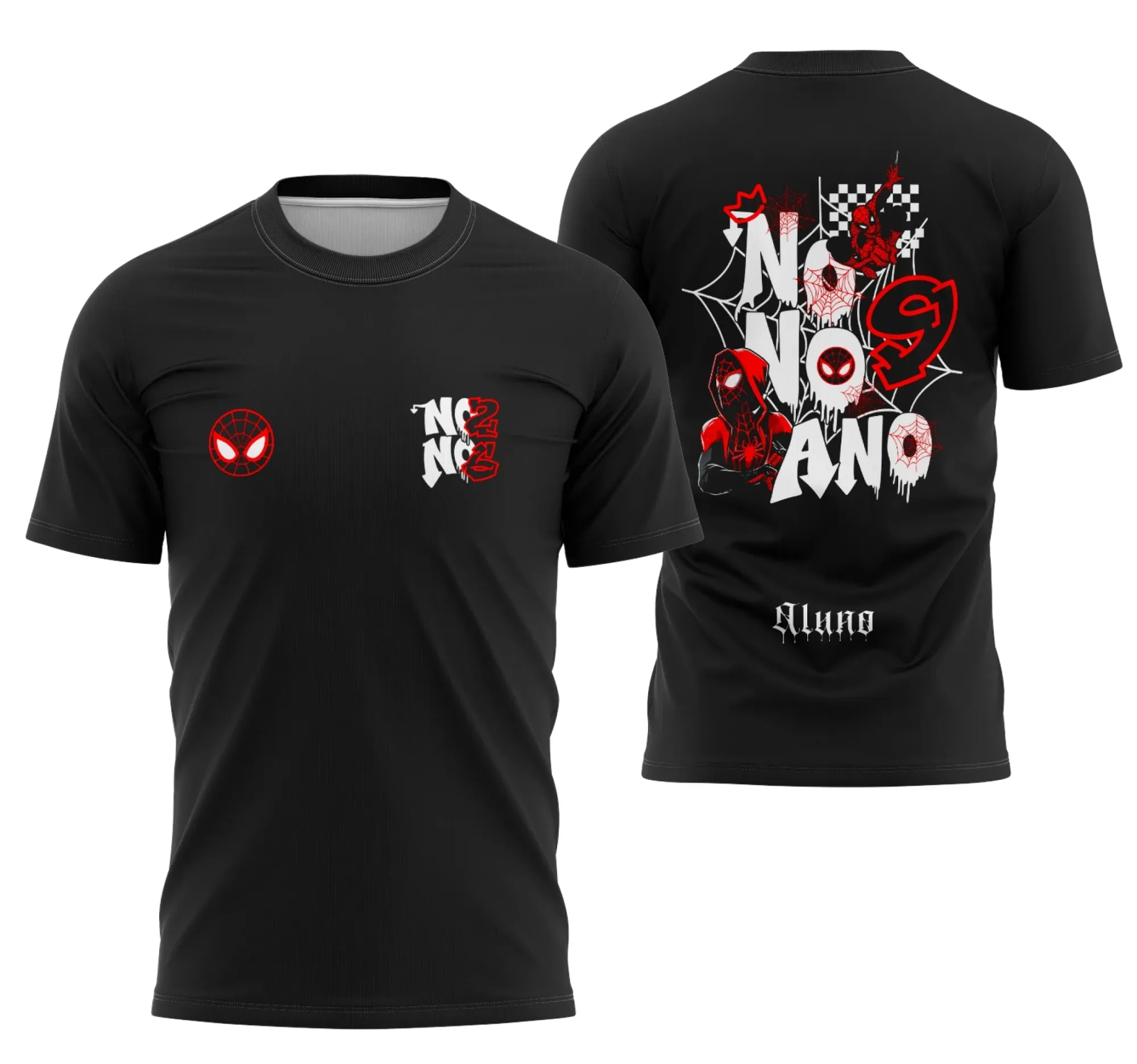 Camiseta unissex preta com logo no peito e estampa grande nas costas do Homem Aranha 2026, ideal para uso casual e eventos das turmas do nono ano.