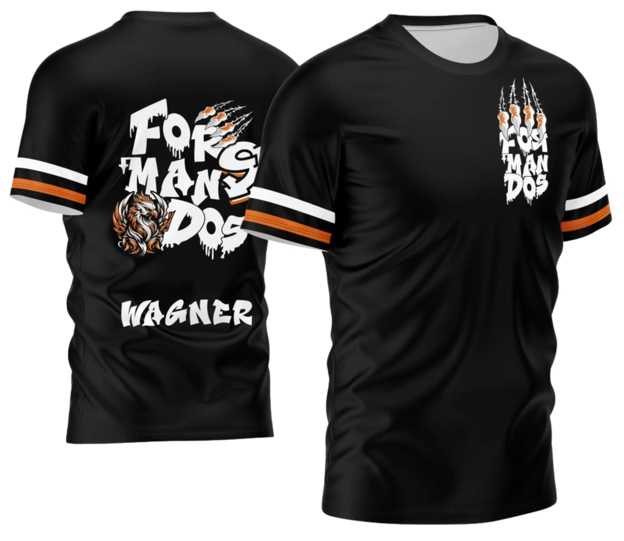 Camiseta unissex preta com logo no peito e estampa grande nas costas com o tema Formandos Fênix Cores 2026, mostrando design vibrante e moderno ideal para celebração de formatura.