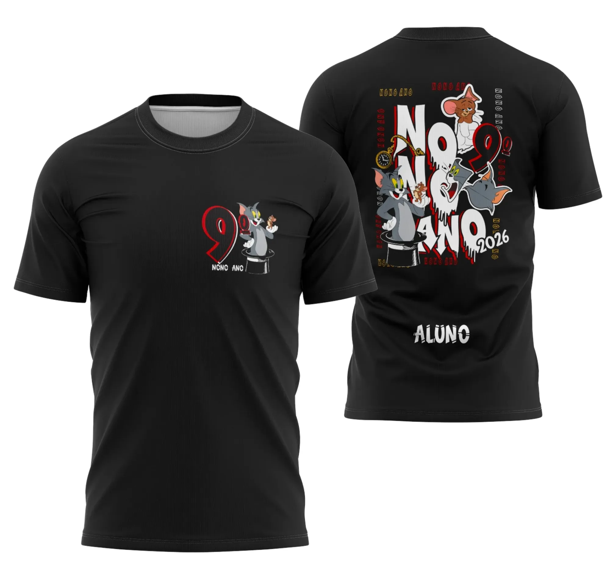 Camiseta unissex preta com logo no peito e estampa grande nas costas com tema Tom e Jerry do Nono Ano, perfeita para fãs que querem estilo e conforto.