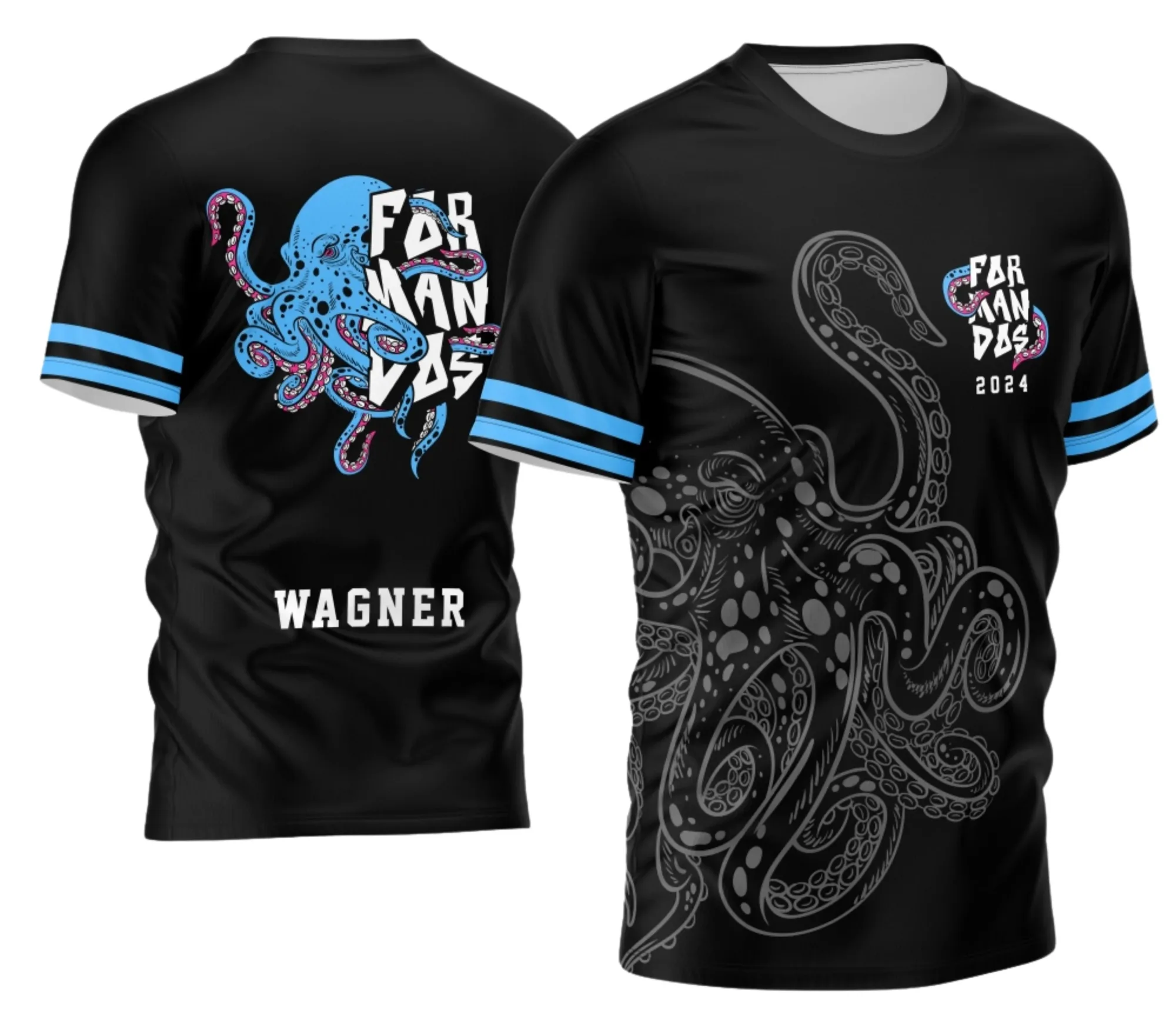 Camiseta unissex preta com logo no peito e estampa grande nas costas mostrando polvos estilizados para formandos 2026, design moderno e jovem para celebração da turma.