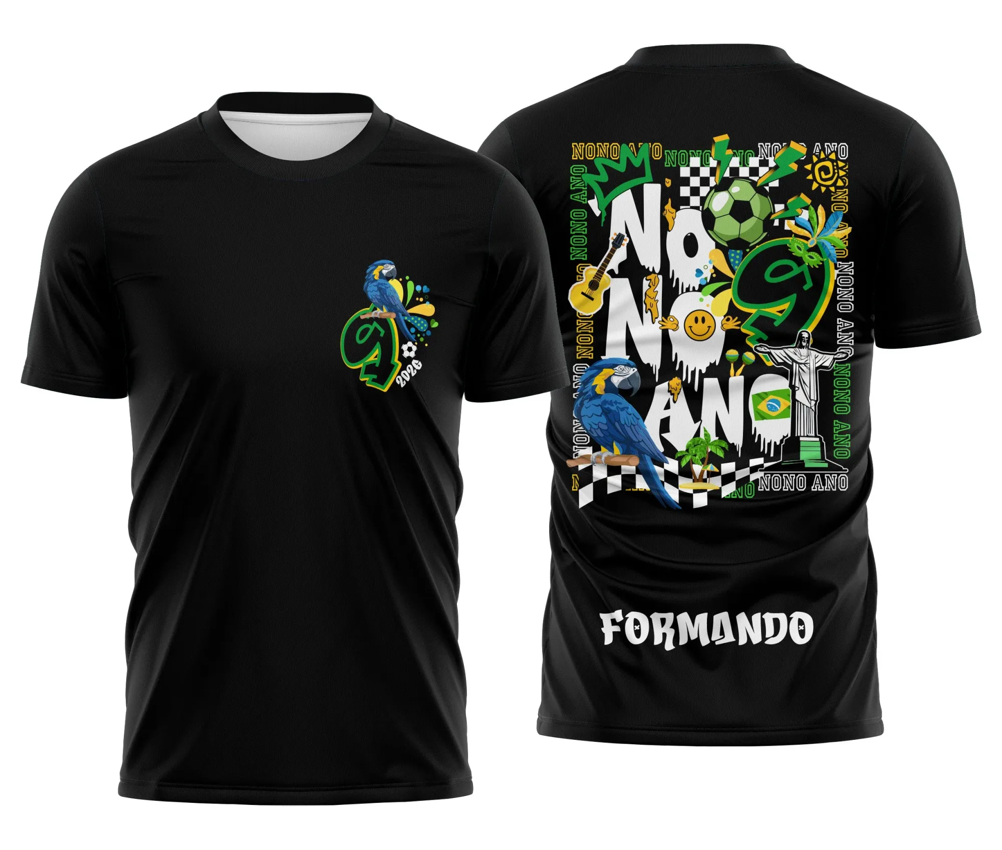 Camiseta unissex preta com logo no peito e estampa grande nas costas com tema Nono Ano Ritmo de Copa Brasil, ideal para quem quer estilo e brasilidade em um visual moderno.