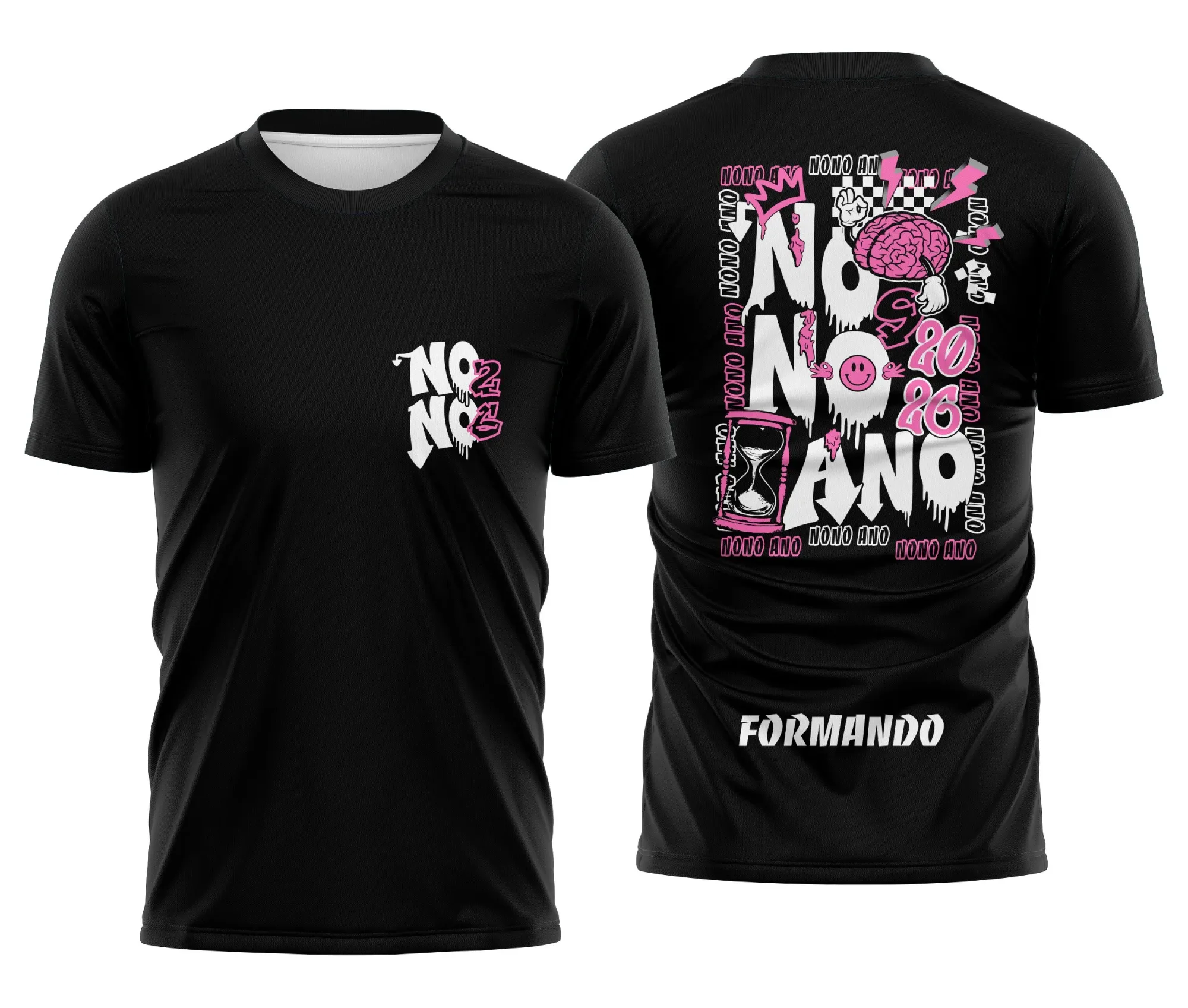Camiseta unissex preta com logo no peito e estampa grande nas costas de Nono Ano Ampulheta Graffiti, combinando estilo urbano e atitude jovem.