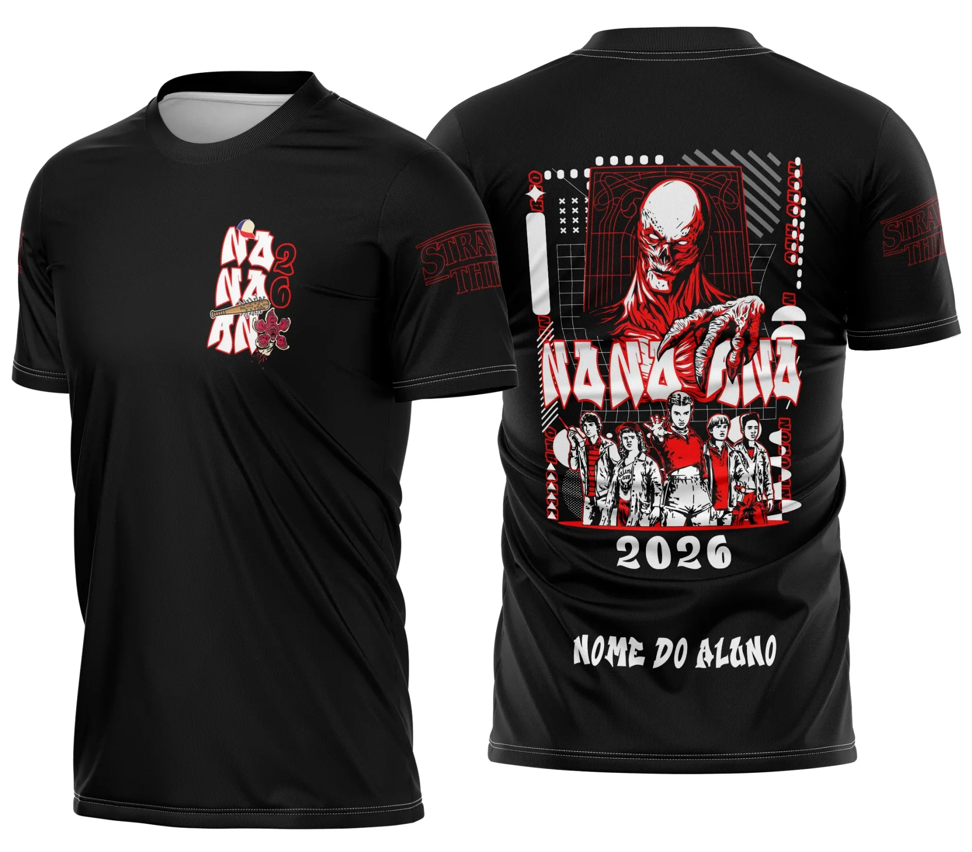 Camiseta unissex preta com logo no peito e estampa grande nas costas inspirada em Stranger Things Vecna, perfeita para fãs e o público jovem que curte temas únicos e estilos marcantes.