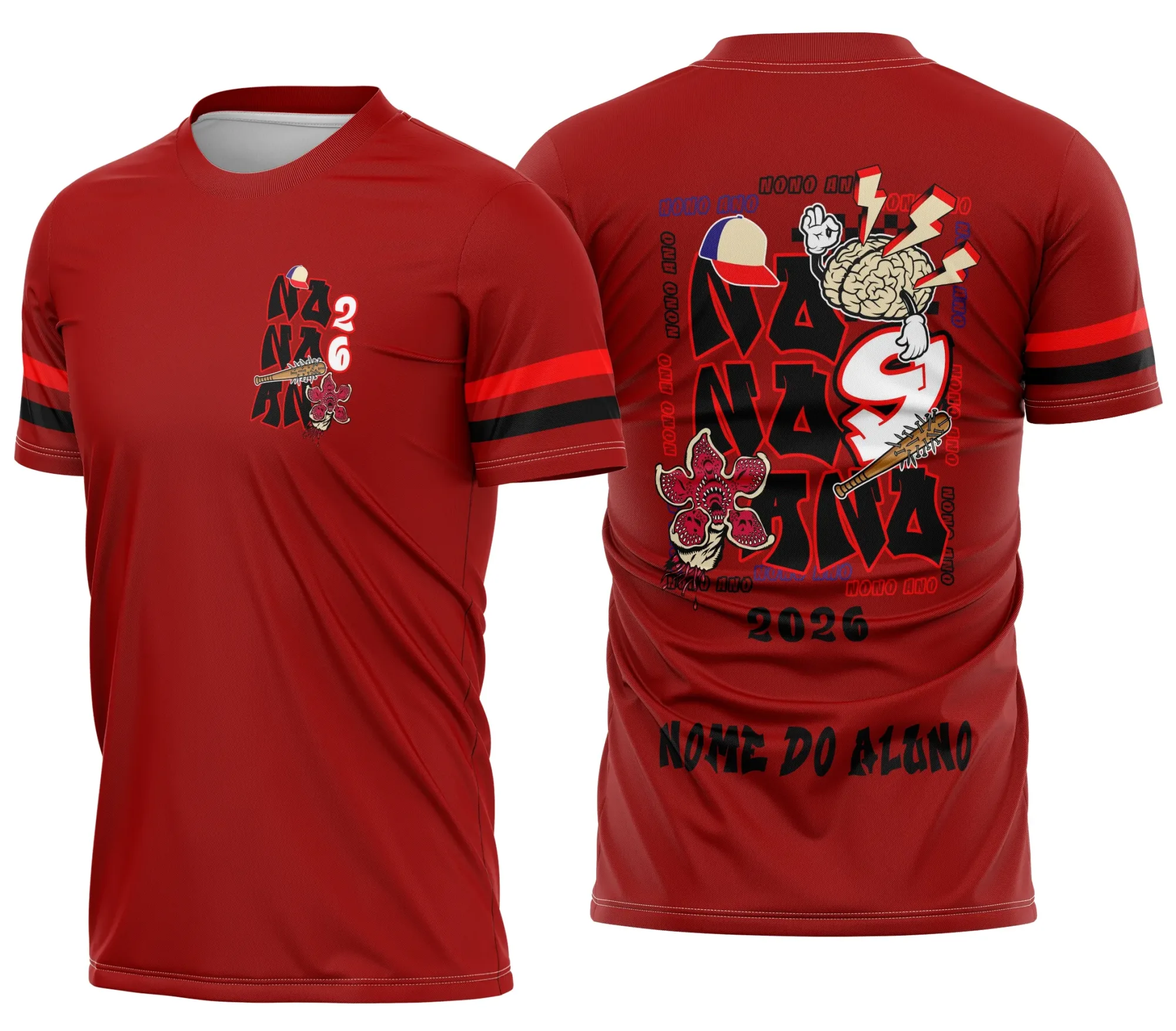 Camiseta unissex preta com logo no peito e estampa grande nas costas com tema Nono Ano Stranger Things Demogorgon, ideal para fãs da série e estilo urbano.