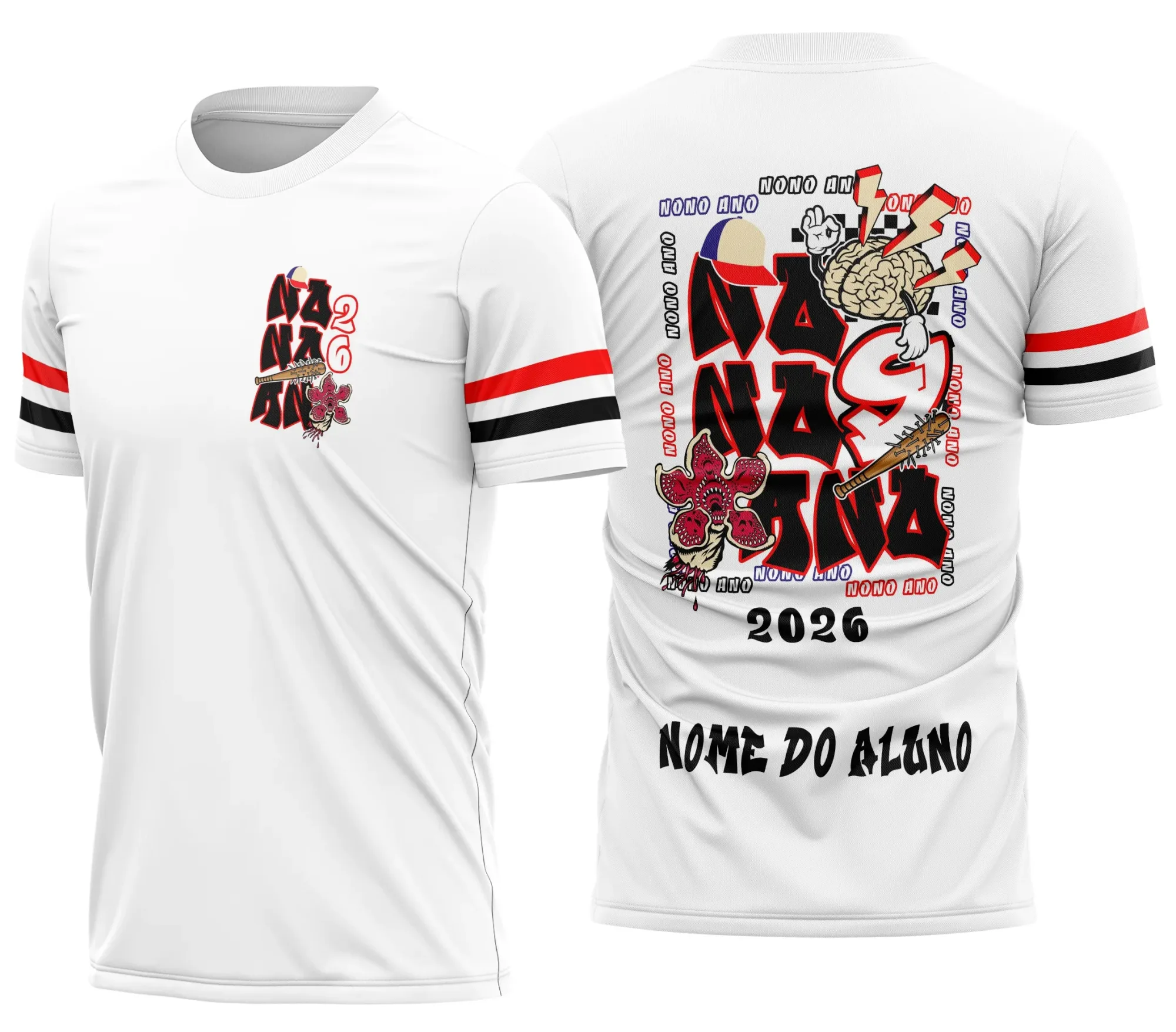 Camiseta preta unissex com logo no peito e estampa grande nas costas do Demogorgon do Stranger Things, modelo para nono ano, visual impactante e moderno.