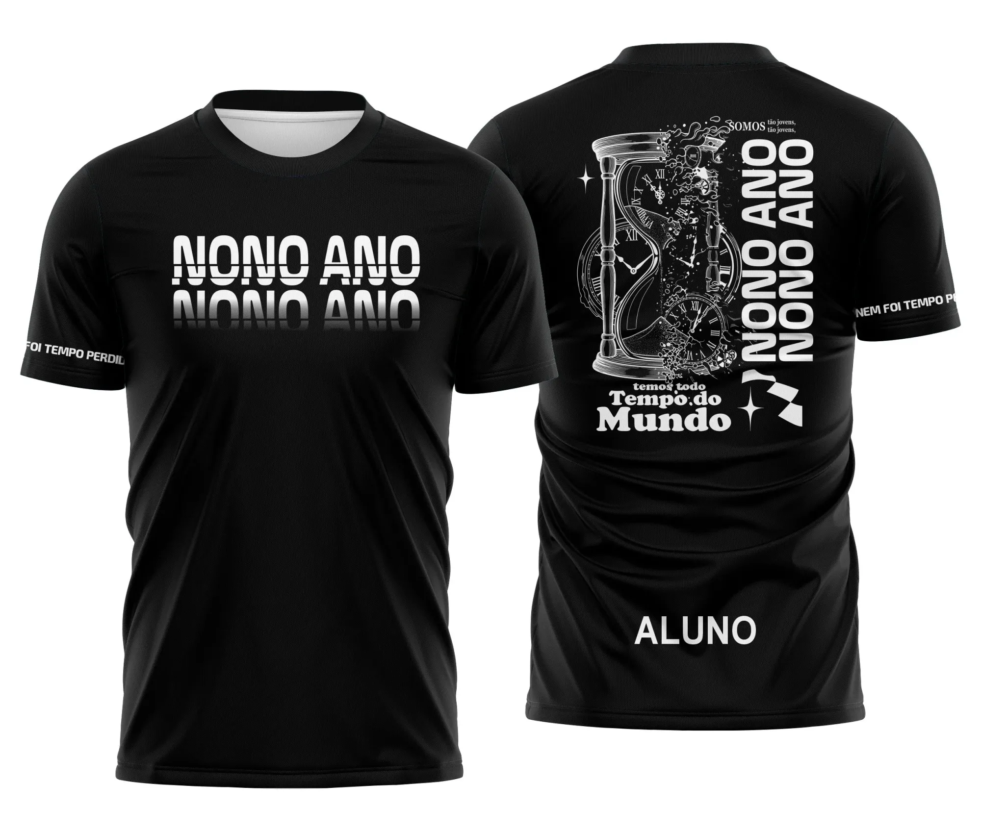 Camiseta preta unissex com logo no peito e estampa grande nas costas com tema Nono Ano Tempo Perdido, visual moderno e descolado, perfeita para o dia a dia.