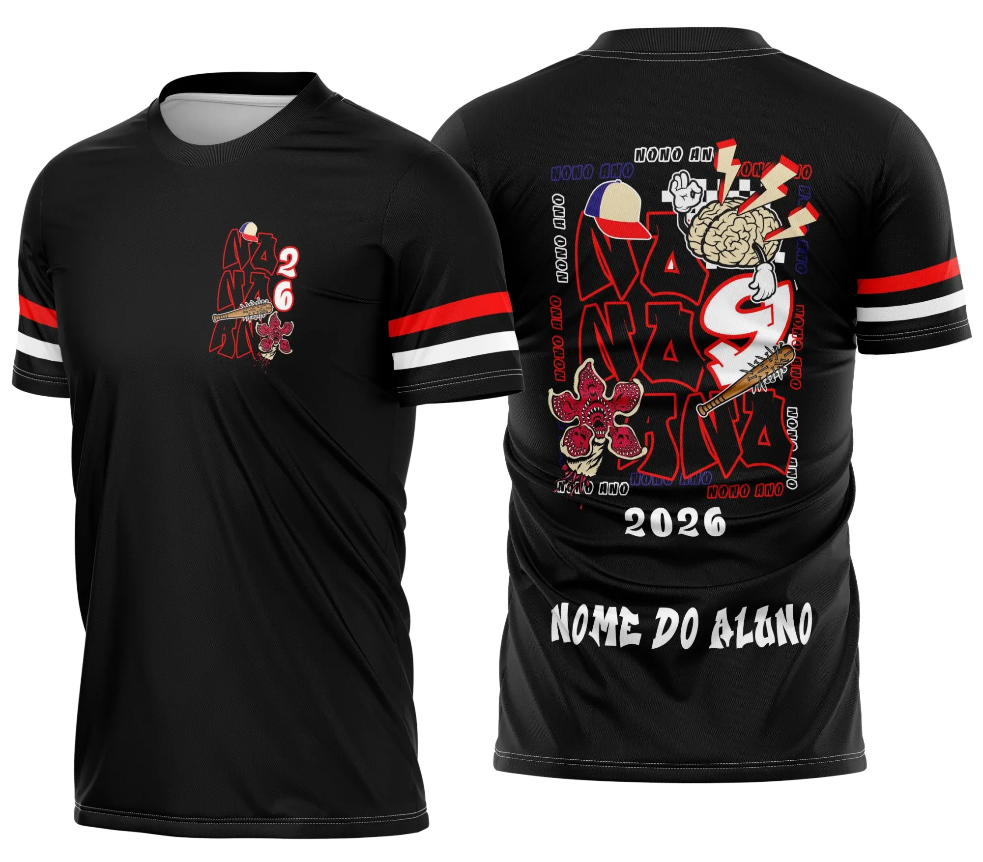 Foto de camiseta unissex preta com logo no peito e estampa grande nas costas do Demogorgon inspirado na série Stranger Things, ideal para fãs e estudantes do nono ano.