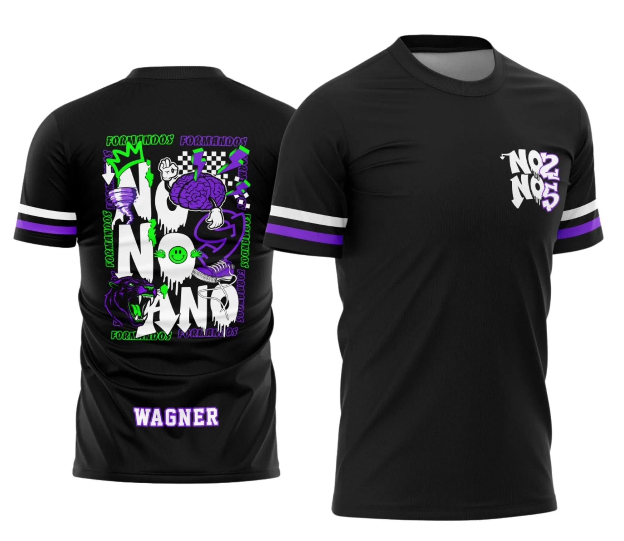 Camiseta unissex preta com logo no peito e estampa grande nas costas inspirada no tema Formandos Nono Ano Pantera Negra e Furacão, ideal para celebrações escolares e eventos especiais.