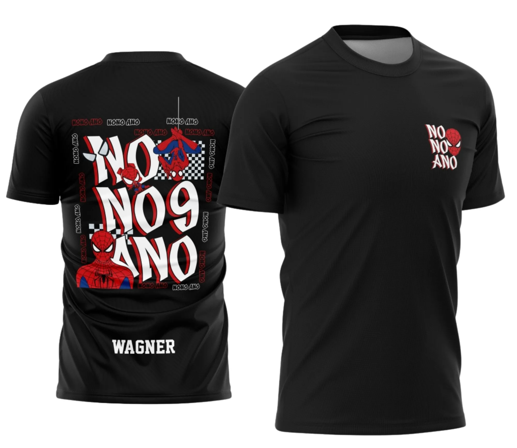 Foto de camiseta preta unissex com logo no peito e estampa grande nas costas do tema Formandos do Nono Ano Homem Aranha, ideal para comemoração escolar e fãs do personagem.
