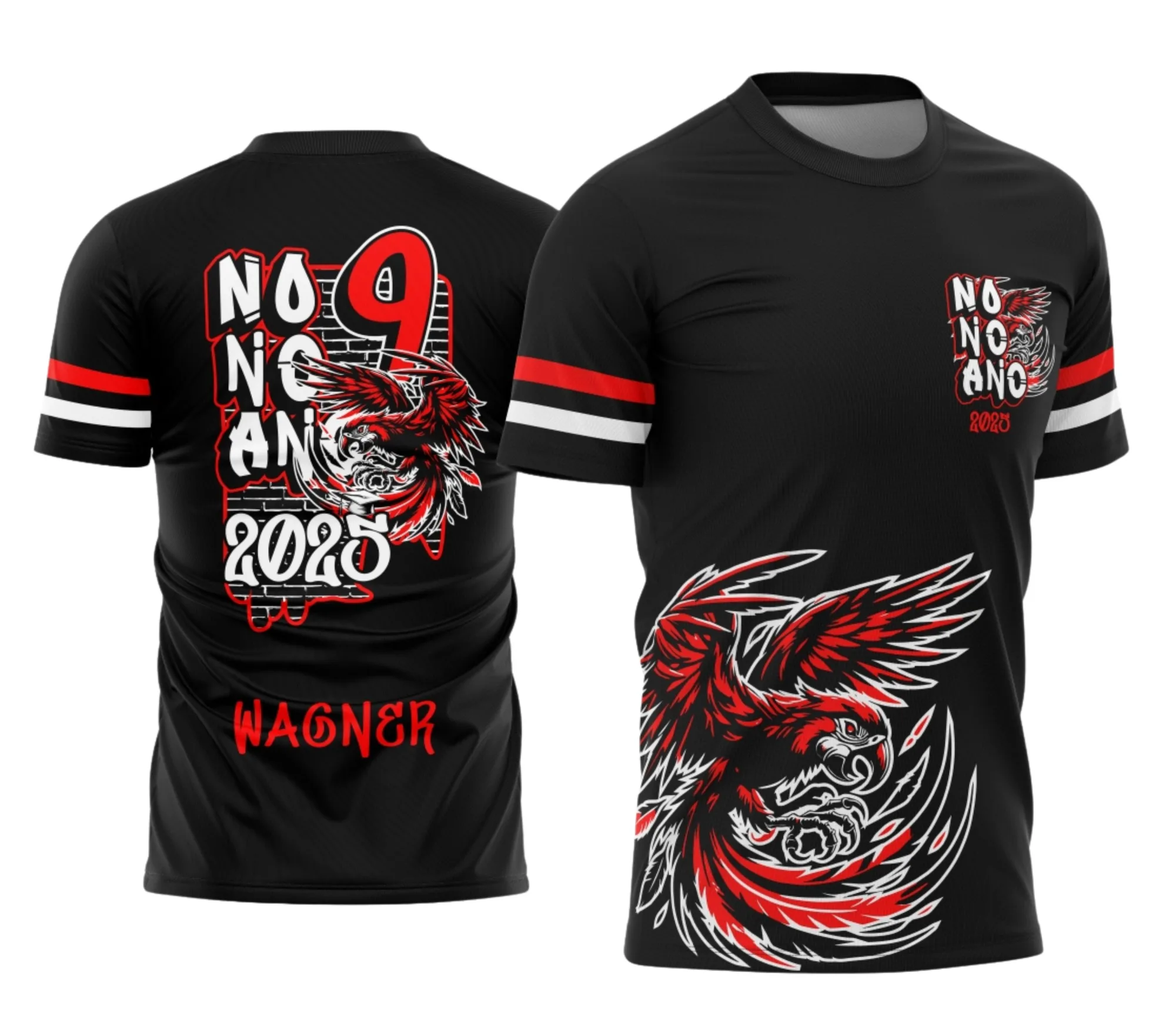 Camiseta unissex preta com logo no peito e estampa grande nas costas inspirada no Nono Ano Graffiti Arara, destacando grafites coloridos em estilo urbano.