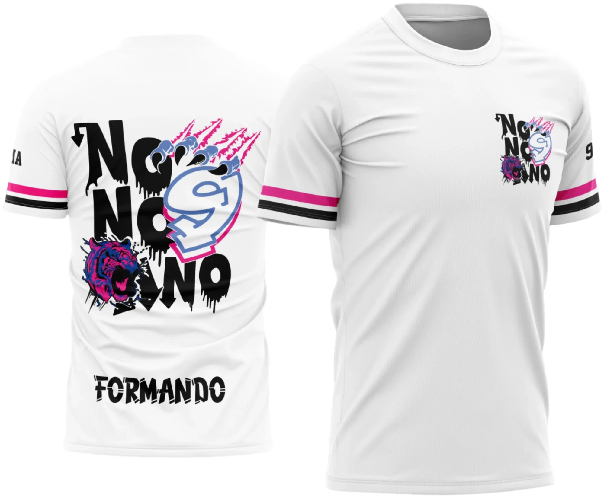 Camiseta unissex branca com logo no peito e estampa grande nas costas, tema Camisa Formandos Nono Ano Tigre Azul e Rosa, design vibrante e moderno, ideal para celebração de formatura.