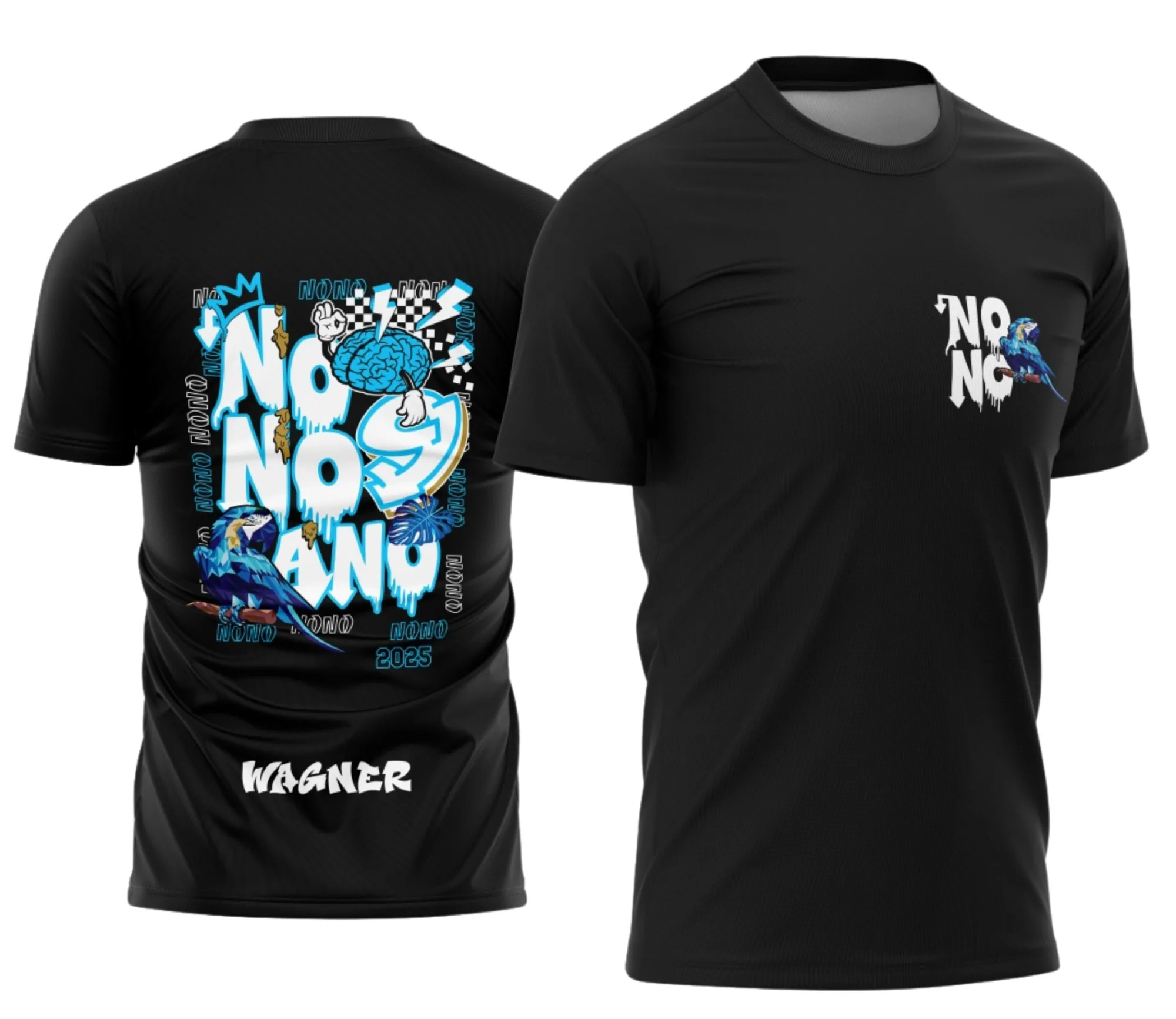 Foto de camiseta unissex branca com logo no peito e estampa grande nas costas do Nono Ano Arara Azul modelo 3, design vibrante e moderno para estudantes.