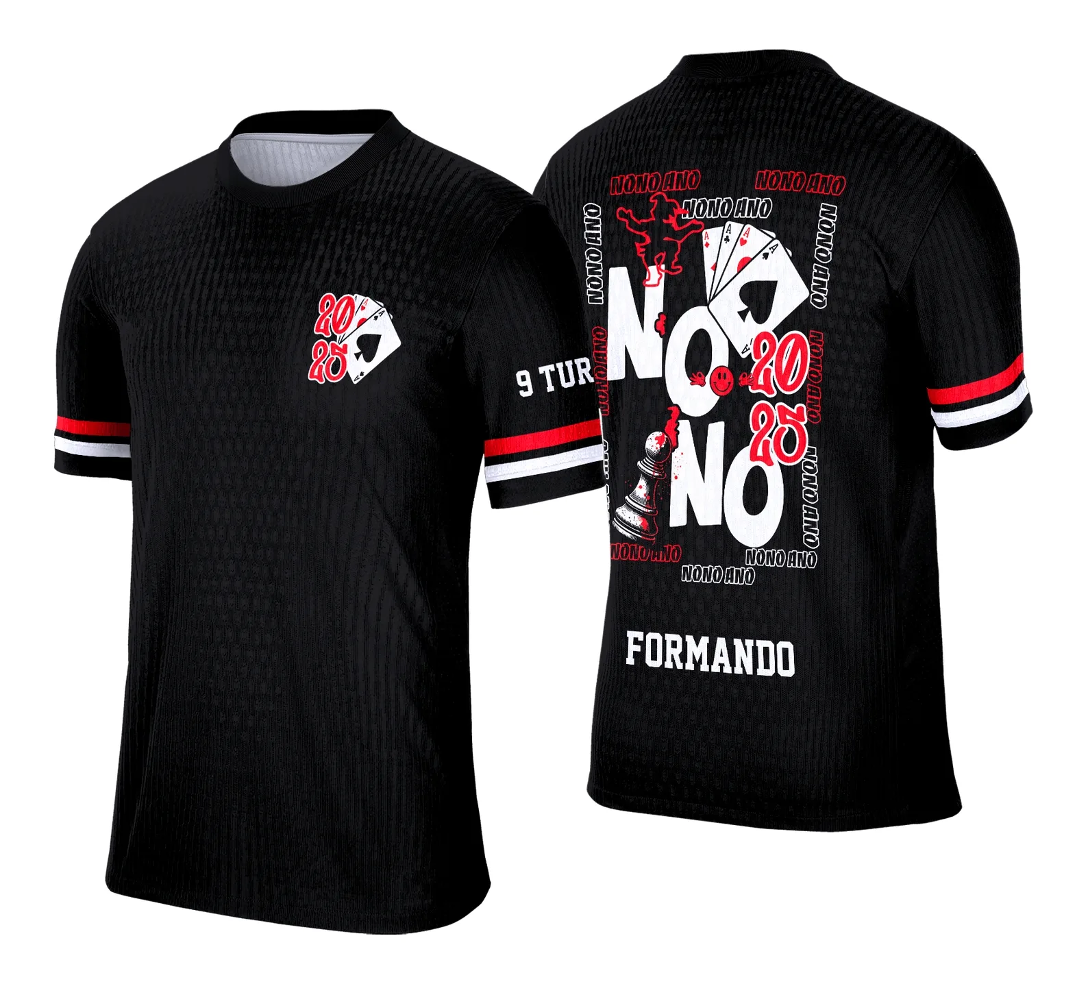Camiseta unissex branca com logo no peito e estampa grande nas costas com tema camisa formandos nono ano xadrez, perfeita para festas e eventos escolares