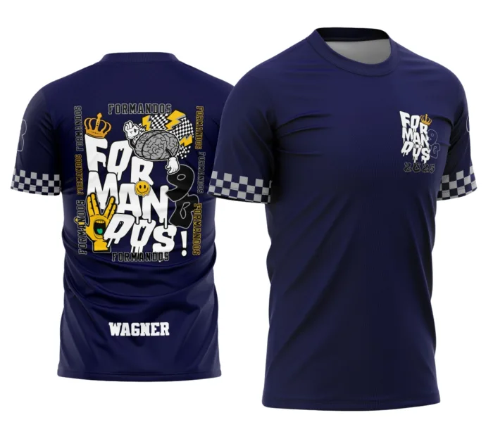 Camiseta unissex branca com logo no peito e estampa grande nas costas mostrando a coroa e tema de formandos do nono ano, visual moderno e elegante para celebração escolar.