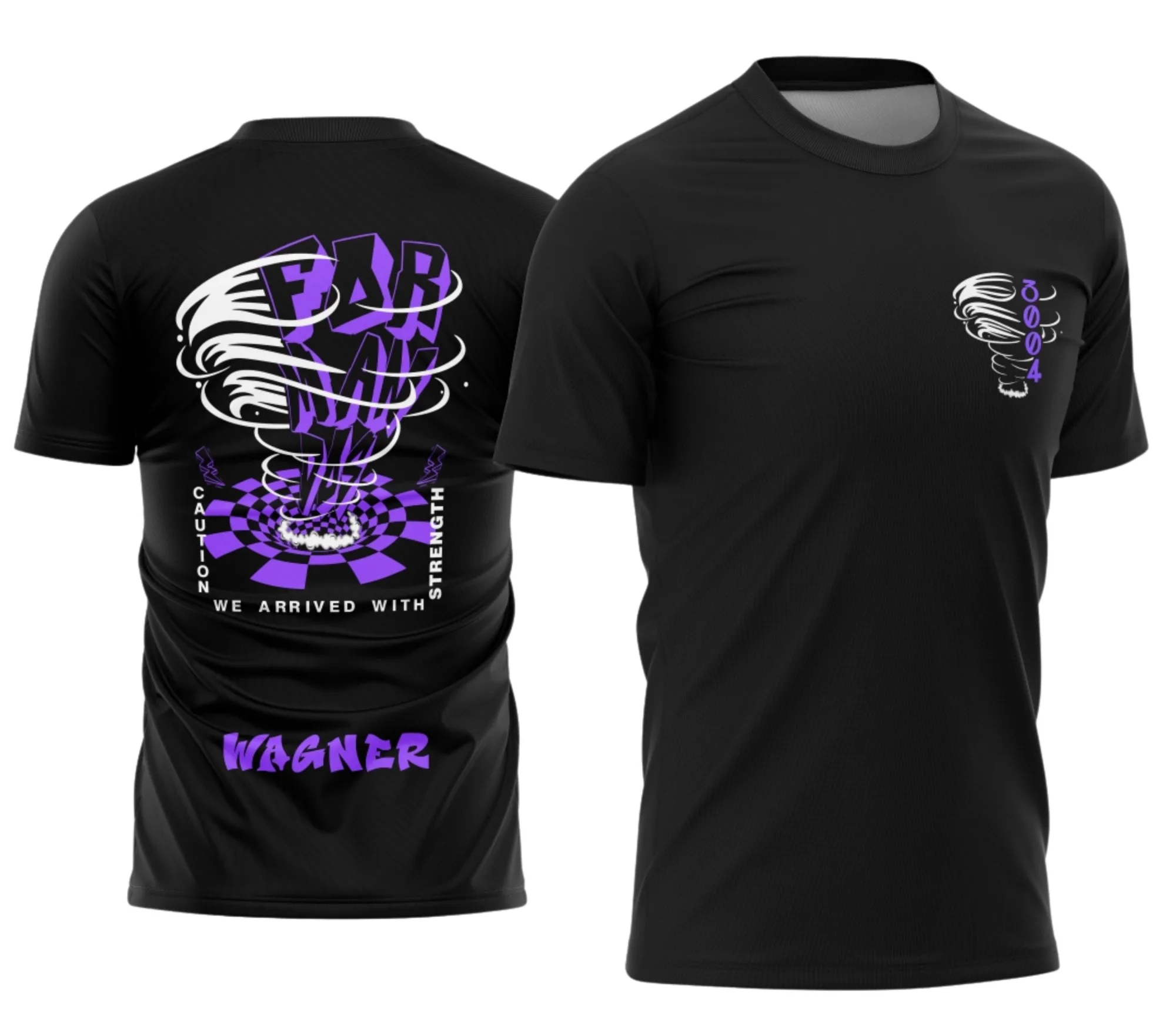 Camiseta unissex preta com logo no peito e estampa grande nas costas da turma de formandos do Nono Ano Furacão modelo 2, design marcante e moderno.