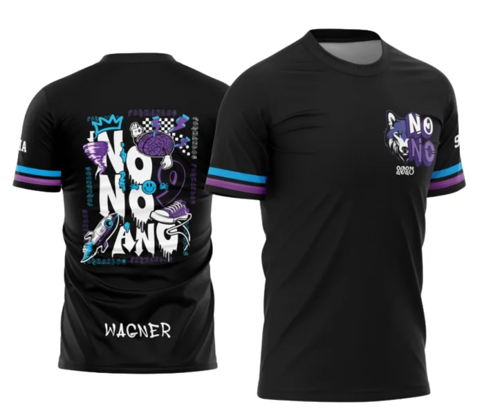 Camiseta unissex preta com logo no peito e estampa grande nas costas com tema do Nono Ano Alfa, ideal para uso casual e eventos escolares.