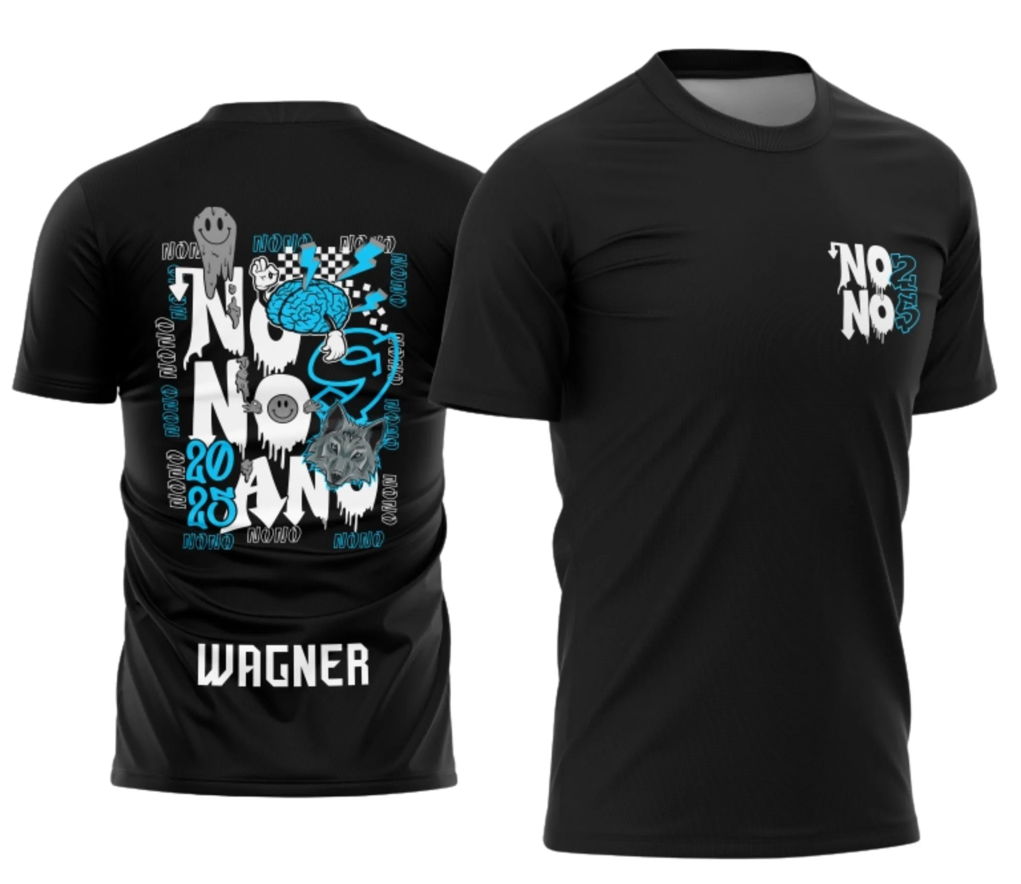 Camiseta unissex preta com logo no peito e estampa grande nas costas com tema Lobo Cinza do Nono Ano 2026, ideal para uso escolar e eventos de turma.