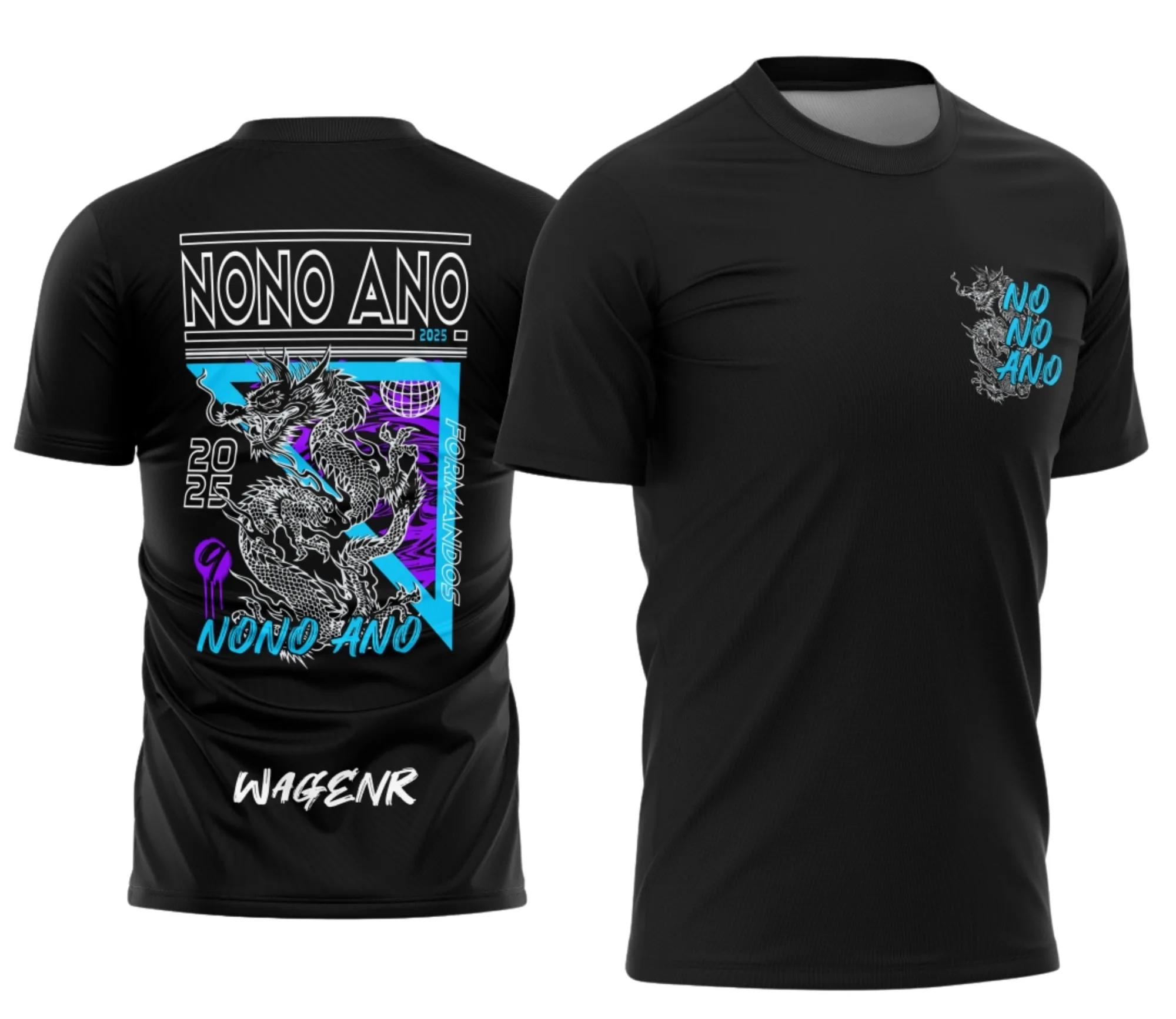 Camiseta unissex preta com logo no peito e estampa grande nas costas representando o Nono Ano Dragão, com design marcante e vibrante, ideal para estudantes e fãs do tema.